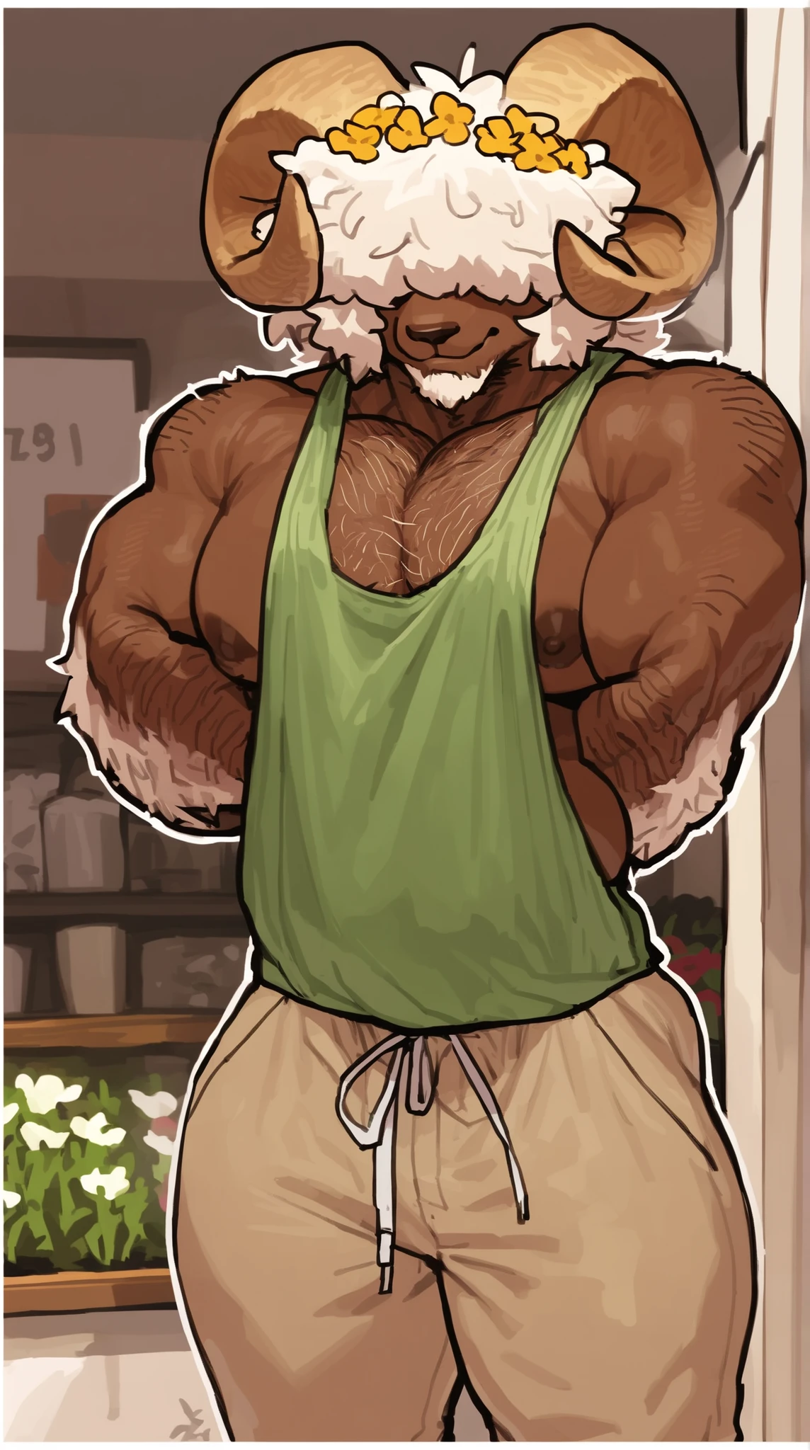 bara ram, full body, perfect anatomy, masterpiece, hunk, huge ram horns, florist, thin beard, dynamic light, blond afro haircut, afro covering the eyes((, the hair is covering the eyes, flower crown on the head):1.1), hair shoulders, hairy chest, hairy arms, solo, great lighting, by bebebebe, by ZIXiong, by zackary911, by SligarTheTiger, by RED8EAN, white outline, very detailed face, solo, working in a flower shop, detailed face expression, looking at the viewer, florist outfit, dirty oversized tanktop revealing the nipples, low chino pant, holding flowers