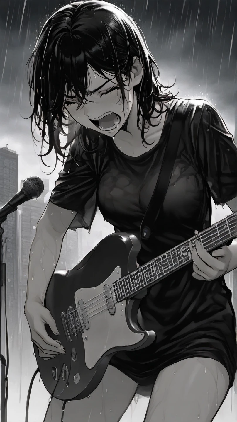 (masterpiece, best quality:1.2), girl standing in the rain, close-up on her screaming face, heavy rain, wet hair clinging to her face, screaming intensely, eyes closed tightly, punk rock clothes, black and white, monochromatic, wet clothes, holding an electric guitar, dark cloudy sky, city in the Background, dramatic and angry atmosphere, water droplets on her skin, dramatic shadow, cinematic