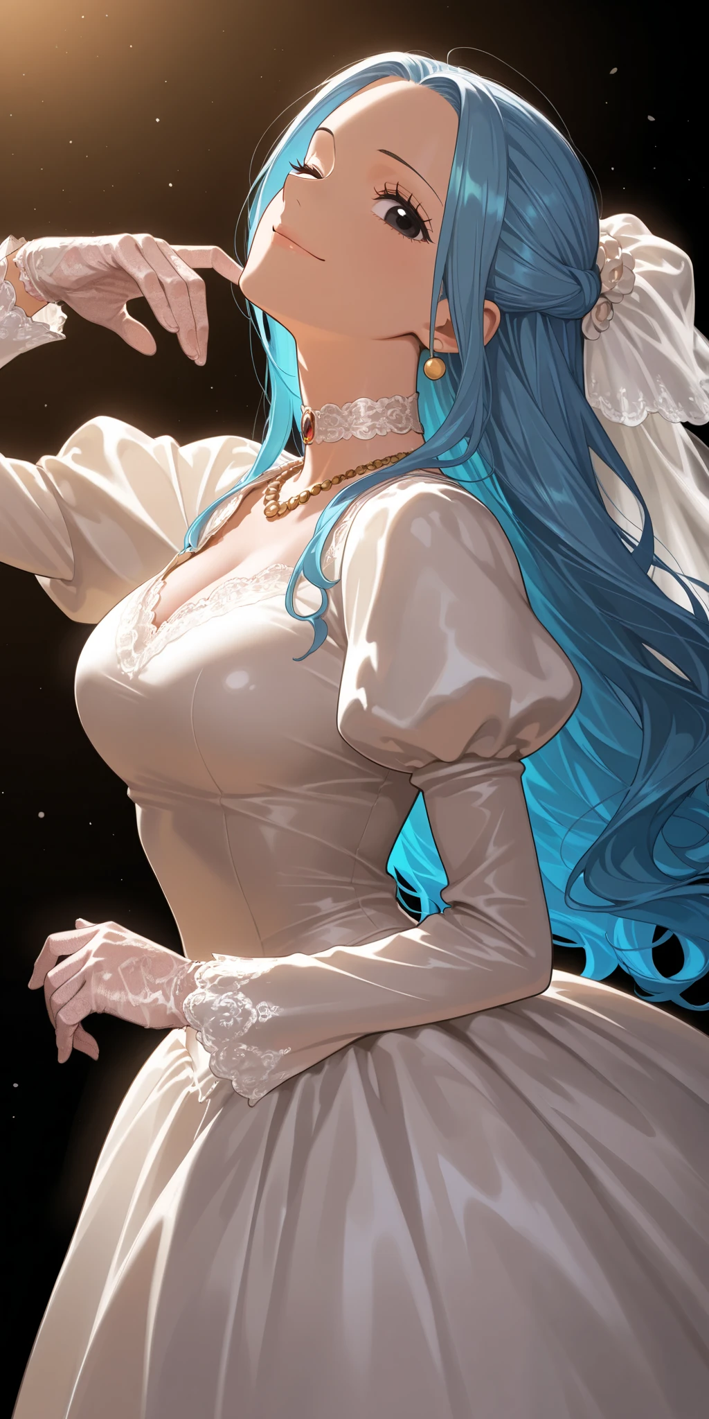 masterpiece, best quality, amazing quality, 1girl, beautiful woman, Nefertari Vivi, one piece, blue hair, long hair, beautiful black eyes, looking at viewer, smile, ;), wedding dress, lace trim, choker, necklace, long dress, lace gloves, juliet sleeves, long sleeves, close-up, facing up, cowboy shot, side view, simple background, vivid colors, volumetric lighting, soft lighting, ambient studio lighting,