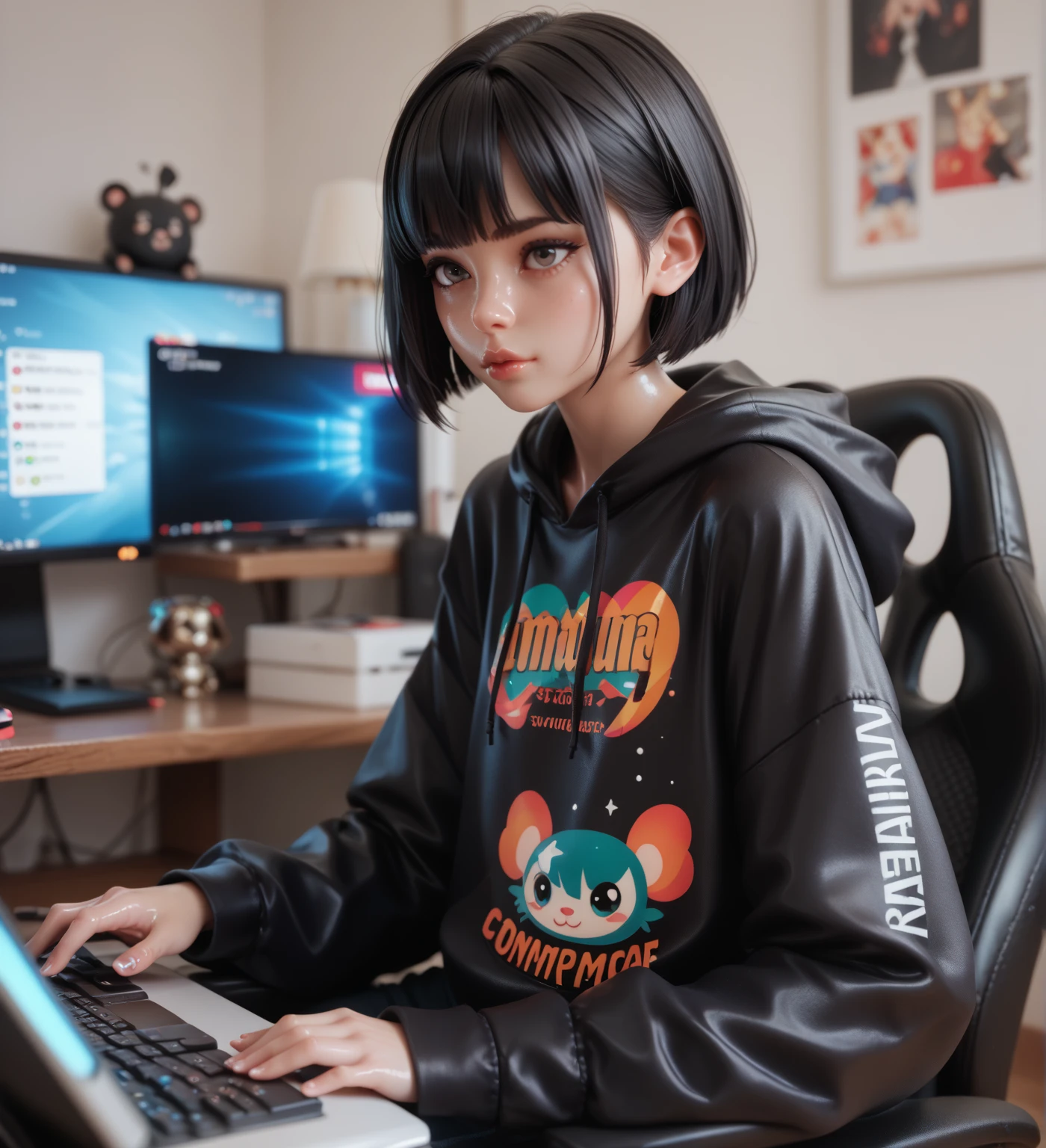 male 、A dark-haired、bob、Distributor、personal computers、head phone、beauitful face、A slight smil