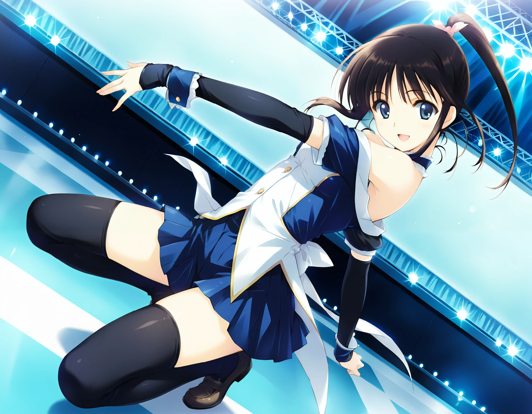 masterpiece,best quality,good quality,smile, looking at viewer, solo, anime coloring, ((sugiura_koharu)),sugiura_koharu\(white_album_2\),1girl,solo,black hair,ponytail,hair ribbon,blue eyes,open mouth,1girl,((stage costume,blue and white jacket,off-shoulder,short_sleeves,bare shoulders,detached sleeves,black sleeves,blue cuffs,sleeves past wrists, blue skirt,pleated_skirt, black_thighhighs)),solo focus, full body, long shot, jumping,Dynamic pose,Dynamic Angle,High solution,. her hair is floating in the air, Reflecting agile movements, Contrasting colors enhance the lively atmosphere of the scene, The speed effect of moving lines adds an anime touch to the action)), (((Motion Effect))), (Like a subtle blur),high jump,((in school)),gymnasium,(((white back ground))), fighting stance