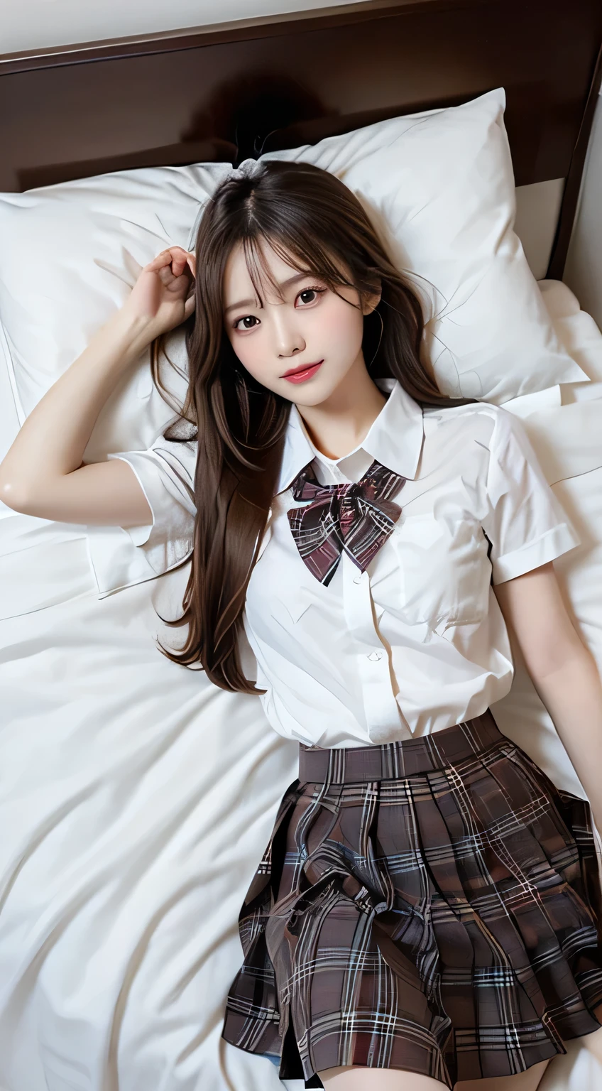 top quality, masterpiece 、 actual photo 、The most beautiful girl in the world 、 Cute looks、slender 、 Perfect Beautiful Face 、 perfect and beautiful eyes 、 perfect and beautiful double eyelids 、 Fashion Models 、 Cute looks、 light brown hair 、 High School Student's Face 、( white skin、straight hair、 school uniform、 plaid midi skirt、I'm lying on my back、 composition from above、 bed、bedroom:1.3)、happy