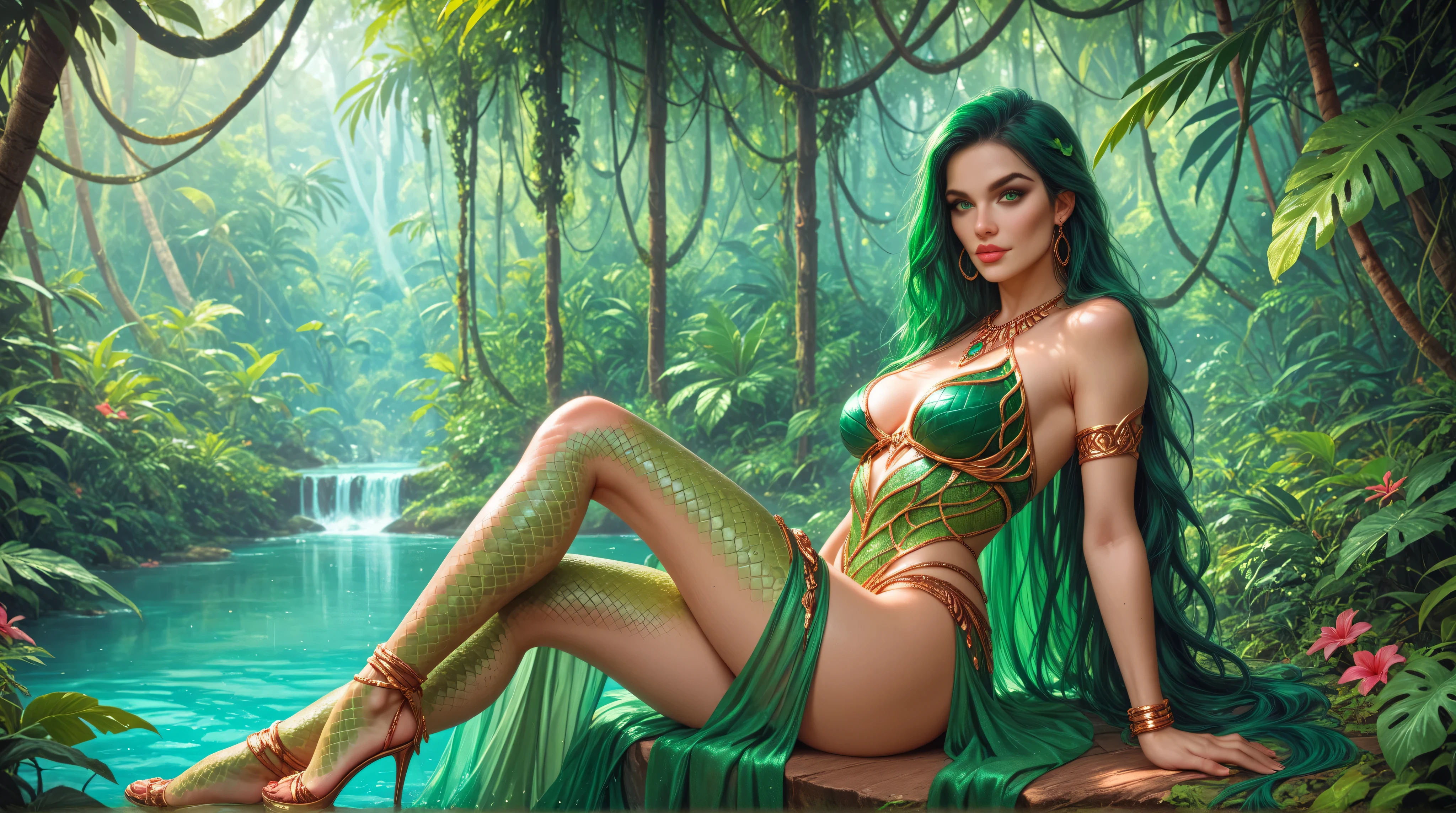 1girl, full body, boa sandersona as a lamia fighter, long wavy green hair, wide hips, emerald scales, thin waist, glowing yellow eyes, narrow waist, thick lips, lipstick, sunflower on hair, fanged smile, big breasts, necklace, intricate jewelry, see-through wrap long skirt, gyaru print crisscross bikini top, (tanned, dark skinned, tan, brown skinned, bronze skinned, wheat skinned), thin toned body. lighting from below. she bathes alone in glowing magical lake at night in an alcove in the middle of the jungle, fireflies, absurdres, highres, high quality, high detail, best quality, 16k, sharp focus
