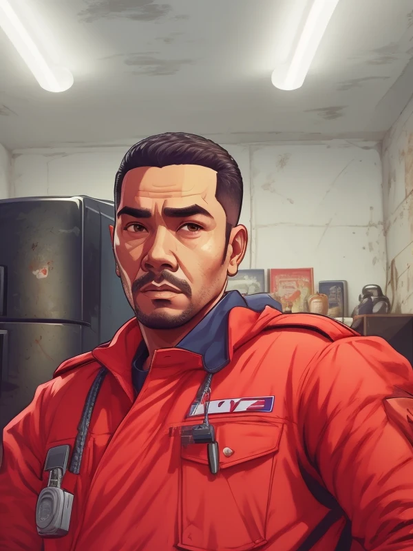 arafed man in red uniform standing in a room with a refrigerator, ismail, mechanic, potrait, ramil sunga, andy worhol, protrait, h. kyoht luterman, comming, zeng fanzh, security agent, kilin eng, lokah samastah sukhino bhavantu, mohamed chahinHD, (Best Detail), (Best Quality), Portrait, GTAV style,