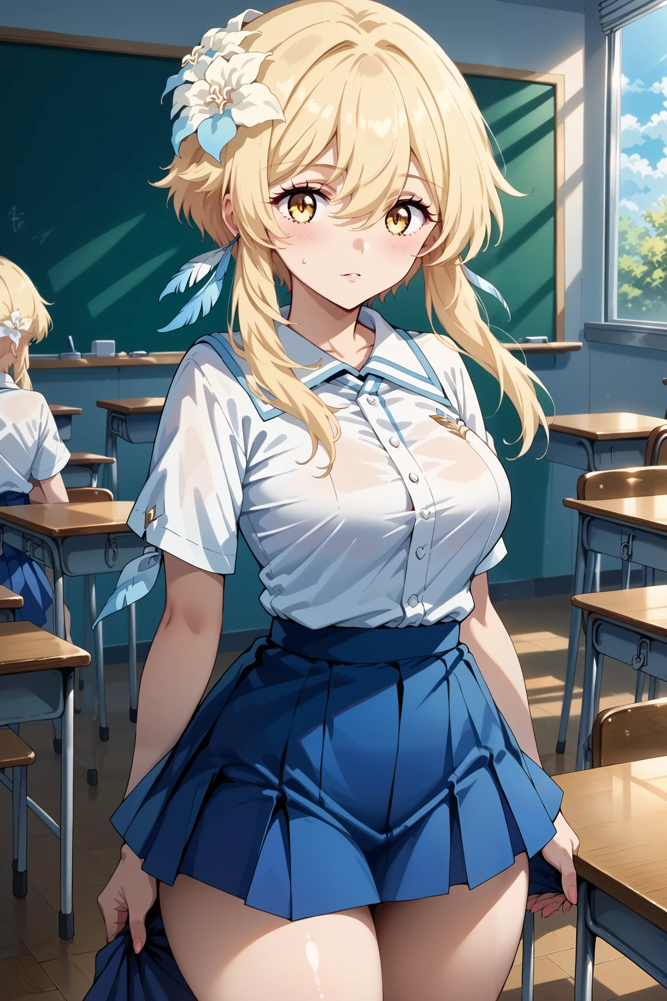 eliayase, eli ayase, yellow hair, blue eyes, ponytail, hair ribbon,
BREAK otonokizaka school uniform, pleated skirt, school uniform, short sleeves, skirt, summer uniform, sweater vest, (yellow sweater vest:1.5),
BREAK looking at viewer,
BREAK indoors, classroom,
BREAK (masterpiece:1.2), best quality, high resolution, unity 8k wallpaper, (illustration:0.8), (beautiful detailed eyes:1.6), extremely detailed face, perfect lighting, extremely detailed CG, (perfect hands, perfect anatomy),(white panties:1.5), (ass:1.5), kneeling, leaning forward, body tilt, small breasts, (short, tiny, little:1.5), blush, embarrassed, from below, from back, cowboy shot, spread legs, dutch angle