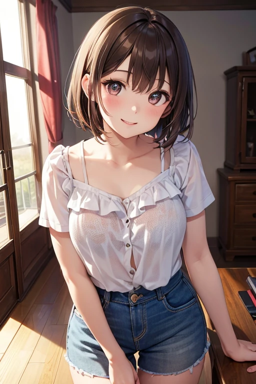 realisticlying、女の子 1 人、selfee、Polo shirt、Wearing a ruffled miniskirt、Breasts slightly larger、Emphasis on transparent cleavage in clothes、Smile、A sexy、Hair Very Short