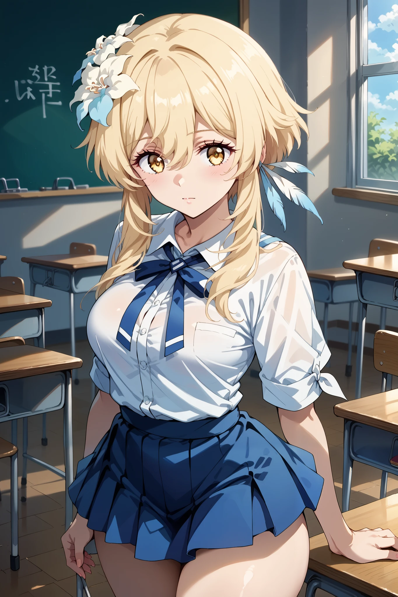 score_9, score_8_up, score_7_up, source_anime, 4K,perfect fingers,(perfect hands, perfect anatomy),prefect lighting, very aesthetic, intricate details,highly detailed background, masterpiece, high quality, best quality,
genshinlumine, lumine, bangs, blonde hair, hair ornament, hair between eyes, yellow eyes, flower, hair flower, feather hair ornament,Large Breast
wearing ((blue tight mini skirt ,)),
standing, (in the crowded classroom:1.4) ,
