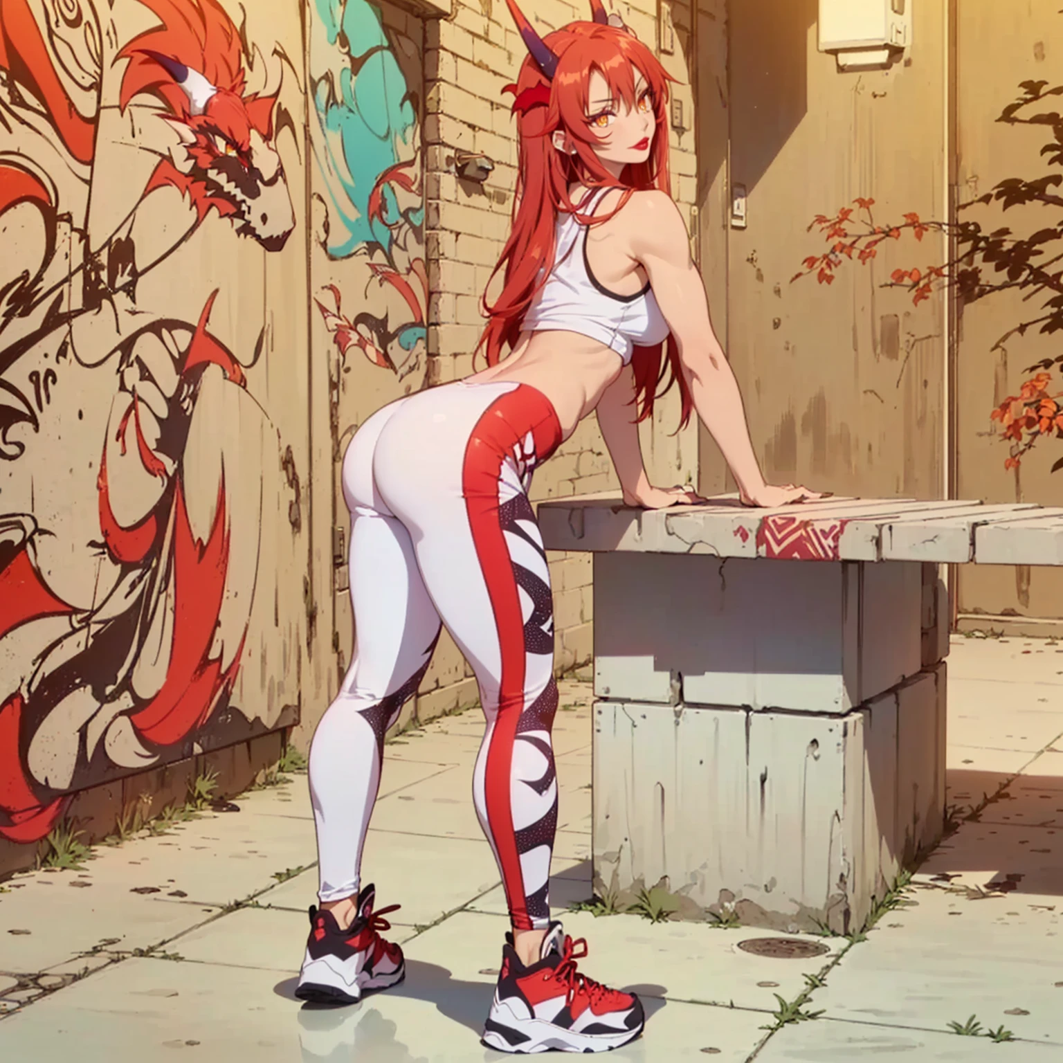 ((1girl, solo ,alone)), ((solo, 1woman, ((tania-fi, dragon horns, beast tamer, orange eyes, long hair, red hair,)), woman, lipstick), Extremely detailed, ambient soft lighting, 4k, perfect eyes, a perfect face, perfect lighting, a 1girl)), ((fitness, muscular, shapely body, athletic body, toned body)),    ((leggings, lycra pants, top shirt, women's tank top, gym, sneakers, gymnastics, smug, red lipstick, cleavage, tribal print, looking at back))