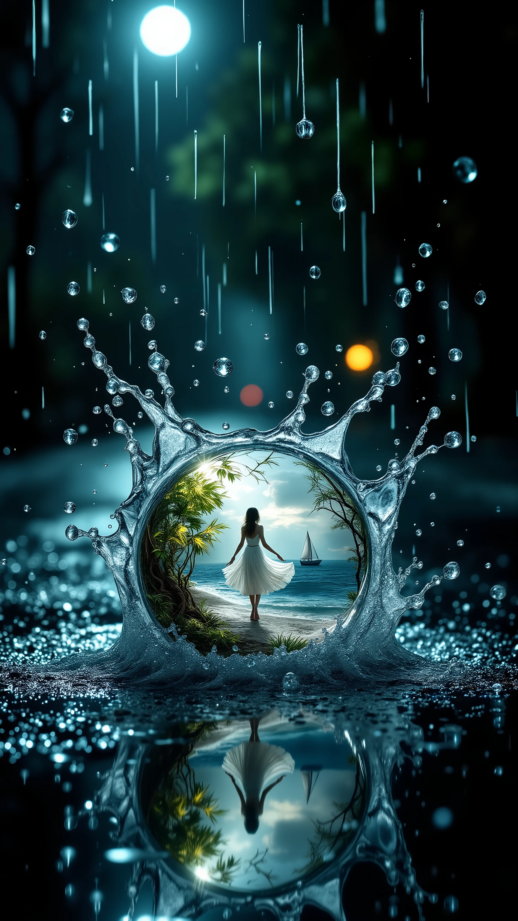 Ultra-high quality macro photo art, masterpiece with multi-exposure, ground-level angle macro shot, cinematic atmosphere. Scene captures a frozen moment of rain falling on wet urban pavement: in the upper part, sharp, photo-realistic raindrops hover mid-air with glistening lunar reflections; in the lower part, three large splashes of water, each at a different distance from the camera, dominate the frame. Within each splash, a photo-realistic scene is layered through multi-exposure: the first splash reveals a jungle landscape with lush green foliage, dark brown vines, and hints of yellow; the second splash shows a dancing figure in a flowing dress, in white, pale pink, and gray tones; the third splash depicts a sea landscape with a lone sailboat, in deep blue, white, and silver hues. The wet pavement reflects multiple lunar glints, creating a shimmering, dark backdrop, while the background is heavily blurred, with faint outlines of night sky and trees. Composition blends ultra-detailed macro textures of water and asphalt with dreamlike, surreal elements, offering breathtaking beauty, fine details, dynamic lighting, and stark contrasts