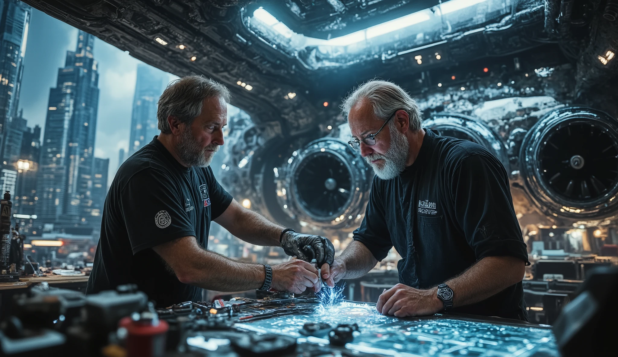 A close-up of a skilled, older engineer working on an incredible, massive flying fortress. The engineer, with a rugged look, is making adjustments to the vehicle's high-tech propulsion systems, surrounded by floating tools and holographic schematics. The flying fortress, designed for long-distance travel, features massive wings with glowing energy lines running through them and multiple engines. In the background, a futuristic cityscape rises, with towering skyscrapers and glowing pathways. The lighting highlights the complexity of the fortress and the intensity of the engineer's work, creating a cinematic and detailed atmosphere of innovation.