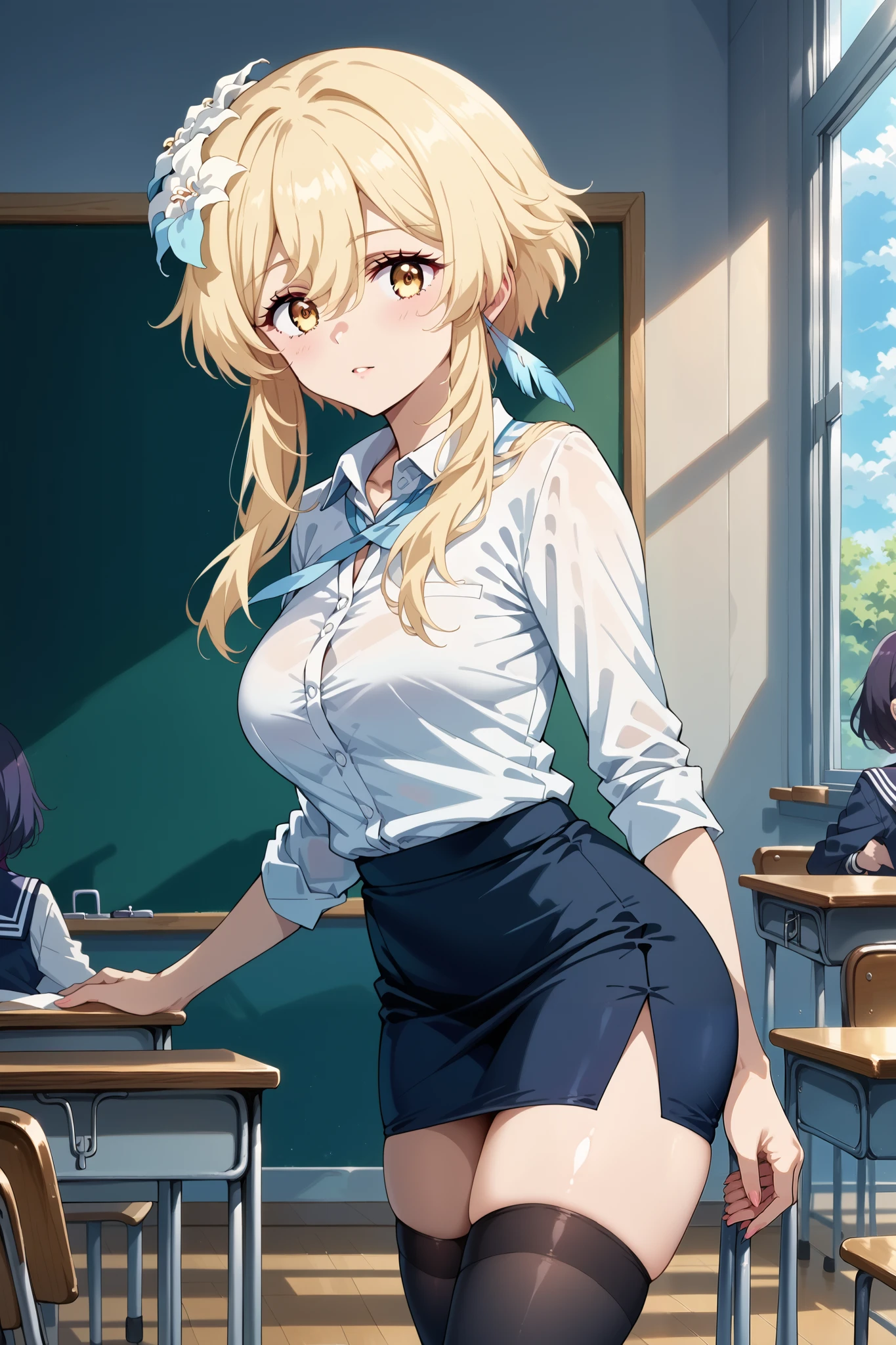 score_9, score_8_up, score_7_up, source_anime, 4K,perfect fingers,(perfect hands, perfect anatomy),prefect lighting, very aesthetic, intricate details,highly detailed background, masterpiece, high quality, best quality,
genshinlumine, lumine, bangs, blonde hair, hair ornament, hair between eyes, yellow eyes, flower, hair flower, feather hair ornament,Large Breast
wearing ((black pencil Skirt,thighhighs,)),
standing, (in the crowded classroom:1.4) ,
