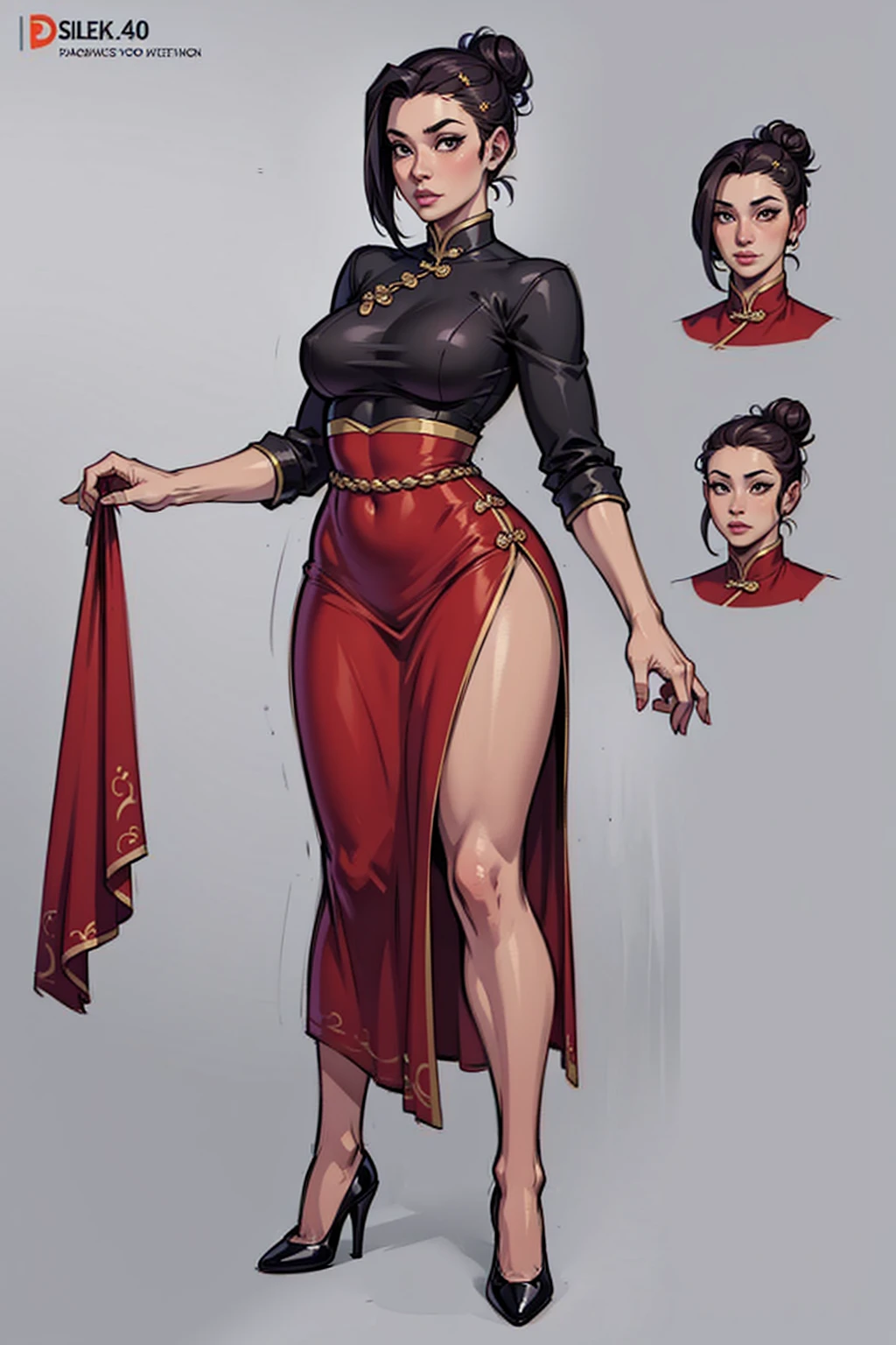 digital anime art, highly detailed, reference sheet, standing pose, feminine features, mature woman, adult female, muscular figure, six-pack abs, whole body, bald, form-fitting, chinese qipao, long skirt, chinese shoes, 1woman, solo, upper body, lower body, ((Extremely Detailed)), ((Best Quality)), ((Masterpiece)), ((4k)).
