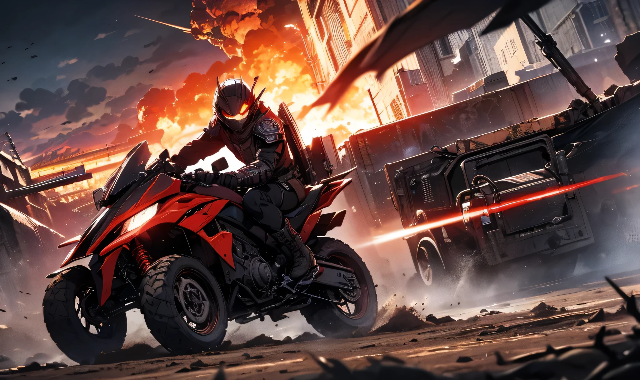 A blur of steel and fury cuts through the wasteland, tires tearing into the dust, painting the battlefield in streaks of crimson. The rider leans into the chaos, the wind howling against their armor, the scent of war thick in the air. Every engine roar is a declaration—of defiance, of survival, of the raw hunger for speed. Beneath the visor, a warrior's eyes burn with the fire of the storm, chasing the horizon like a ghost of vengeance.