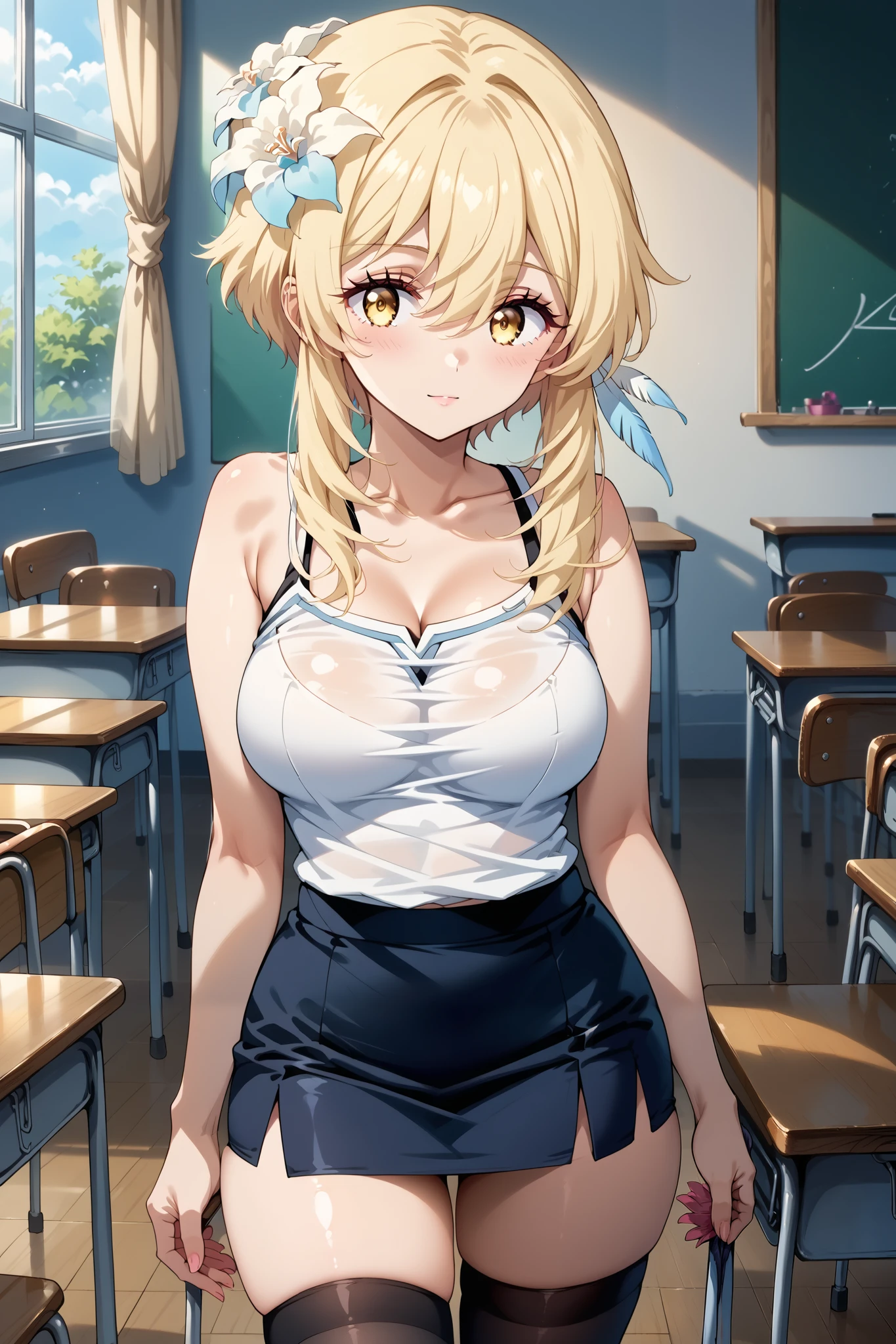 score_9, score_8_up, score_7_up, source_anime, 4K,perfect fingers,(perfect hands, perfect anatomy),prefect lighting, very aesthetic, intricate details,highly detailed background, masterpiece, high quality, best quality,
genshinlumine, lumine, bangs, blonde hair, hair ornament, hair between eyes, yellow eyes, flower, hair flower, feather hair ornament,Large Breast
wearing ((Sexy white micro tank top,black pencil Skirt,thighhighs,)),
standing, (in the crowded classroom:1.4) ,