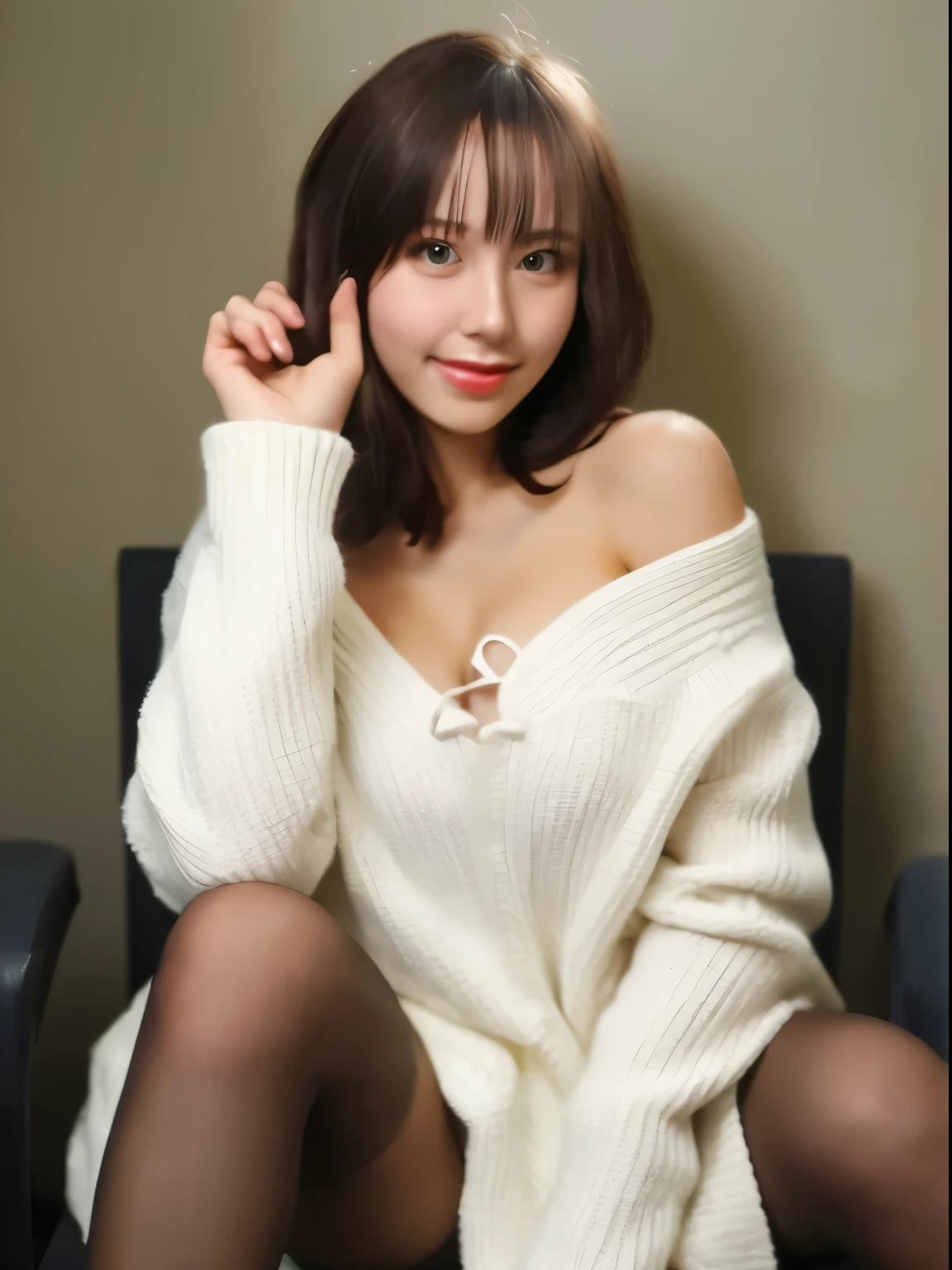 (three male:1.5)、(Have sex with a guy:1.5)、(masutepiece:1.5)、(top-quality:1.5)、(16k wallpaper:1.2)、(Photorealsitic:1.2)、(ultra-detailliert:1.2)、(超A high resolution:1.2)、super-detaild skin、Detailed and clean eyes、Mirrored room、on the beds、Natural Color Lip、(spreading legs:1.3)、(White off-shoulder knit:1.3)、Semi-long bob hair、large full breasts、Seen from below、embarrassing smile、(Black knee-length boots)、(pantyshot)、Purple sexy panties