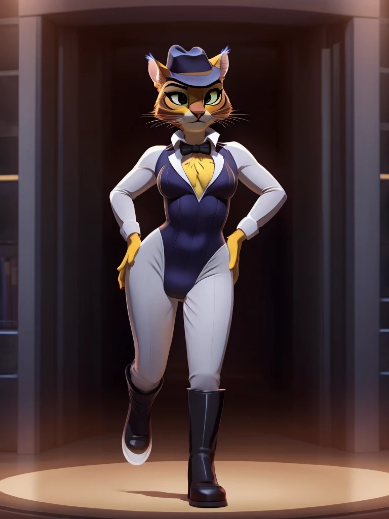 Puss in Boots, DreamWorks Animated, Half-Suit Leotard, ((Wearing a fedora hat with a yellow feather)), 3:1 Hip to leg ratio
