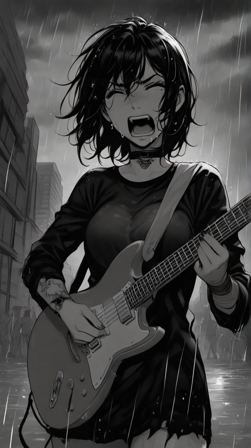 (masterpiece, best quality:1.2), girl standing in the rain, close-up on her screaming face, heavy rain, wet hair clinging to her face, screaming intensely, eyes closed tightly, punk rock clothes, black and white, monochromatic, wet clothes, holding an electric guitar, dark cloudy sky, city in the Background, dramatic and angry atmosphere, water droplets on her skin, dramatic shadow, cinematic