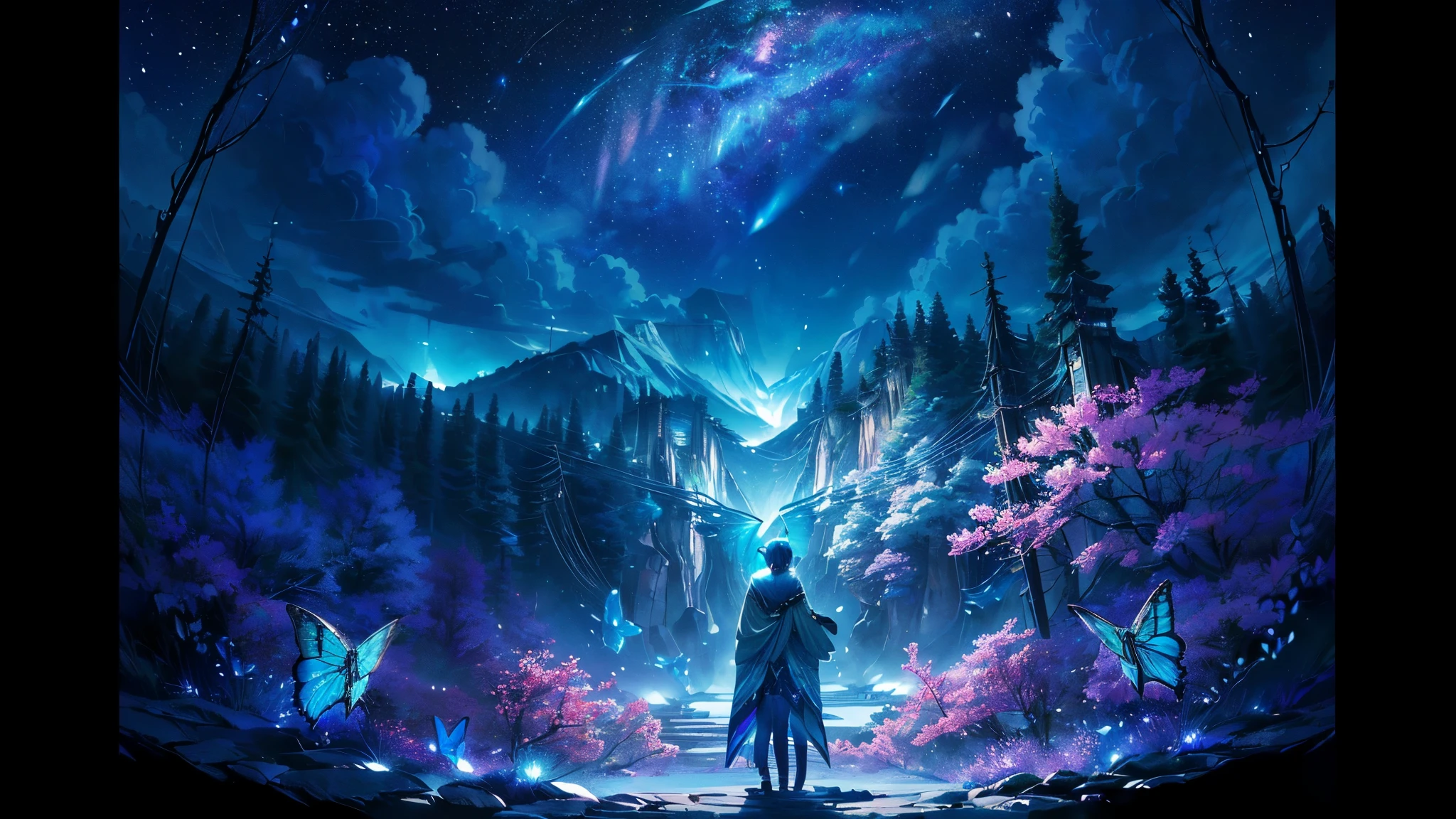 超HD, HD, high quality , Spectacular Scenery ,((息をのむような美しい Milky Way銀河))),(((水の上を飛び回っているコバルトブルーにShineモルフォ蝶の大群)).((morpho butterflies shining like neon signs)), shot with a fisheye lens ,((( mystical atmosphere ))), Beautiful Sunset , Majestic Atmosphere, Milky Way, star, star屑,   Milky Way, 流star, (((There are no humans))), Beautiful Sunset , Bioluminescent flowers and trees at the bottom of the valley々Covered in, ((Mountain々Countless firefly lights shining on)),Shine,   Majestic Atmosphere, Depth, Superb view from above ,  silence, Awe, hope, Romance,   timelapse,  Astrophotography,beautiful