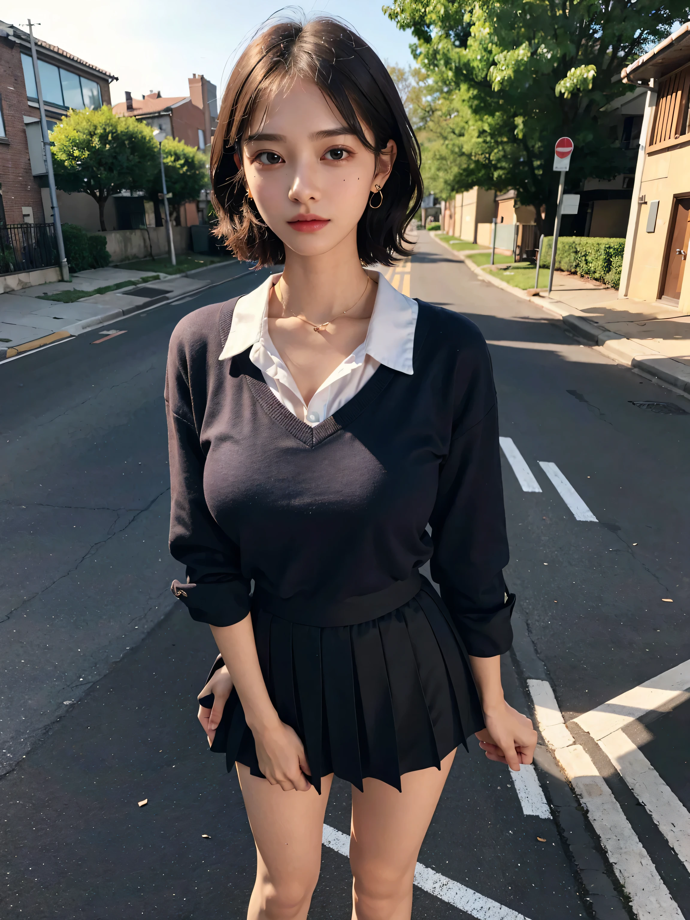 best qualtiy，超高分辨率，8K分辨率，Kizi，（Short black hair：1.3）， perfect bodies, Fair skin, Bigchest, JK school uniform， (Top corner:1.3),