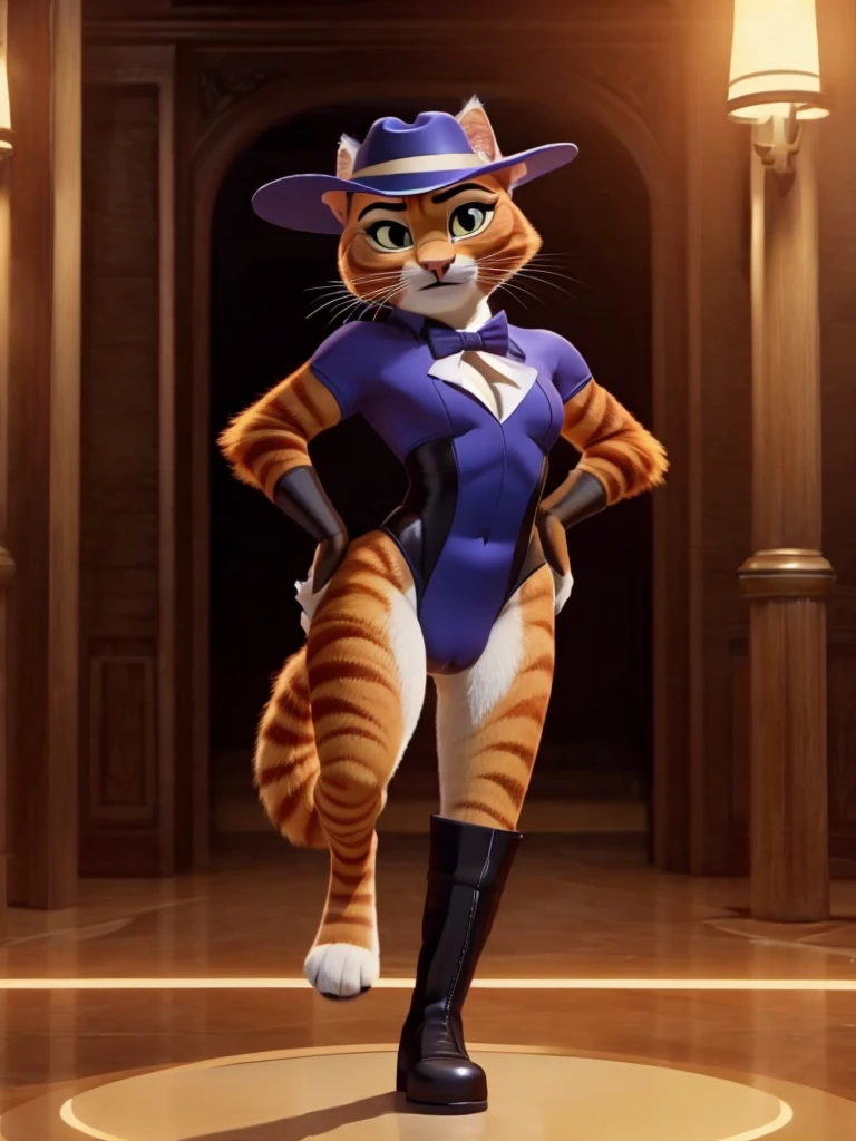 Puss in Boots, DreamWorks Animated, Leotard, Wearing a fedora hat, 3:1 Hip to leg ratio, ((Bedroom)), Lying in bed