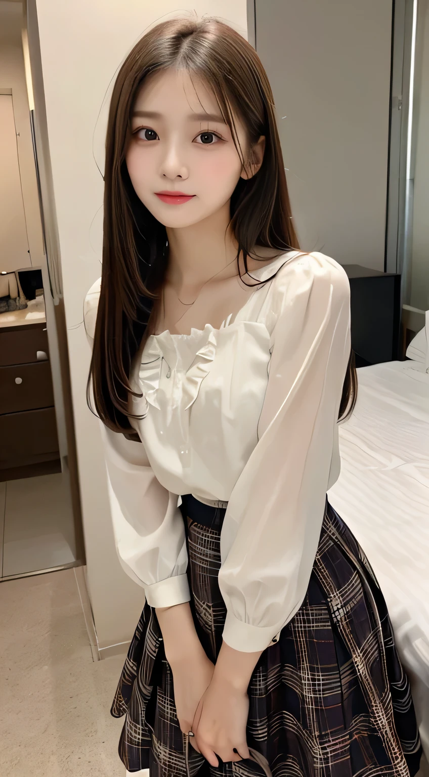 Masterpiece, top quality, characteristics of the whole body (saukztf: 1.3), brown shoulder-length hair, bangs, big eyes, parted lips, black eyes, uniform, white blouse, rain, soaked, blouse on bare skin, light blue underwear, sheer, dripping water droplets, small, pleated skirt with a plaid pattern, bending over with legs open, 17 years old,