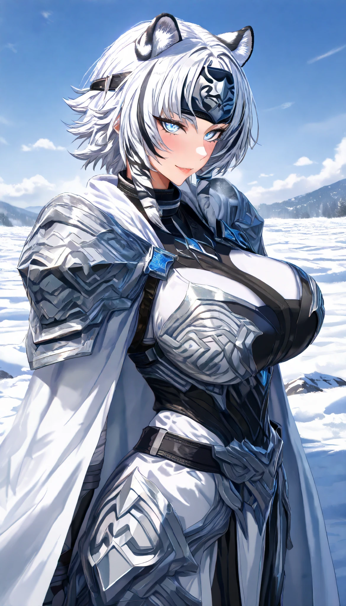 A White Tiger Female,White tiger ears,Huge Oppai,Perfect body, (Black and White hair,short hair, streaked hair),White Tiger Metal Forehead protector, (Blue tiger eyes), Wearing A White Tiger pattern Heavy Armor with White tiger characteristics(Black stripes), White cape,(Torogao, seductive smile), In A Snowfield, Snowy weather, Snow,UHD, SOLO, anatomically correct, masterpiece, textured skin, high details, highres, 1080P, 16k, accurate, Beautiful face, Perfect face, Highly detailed beautiful face and eyes, Attractive face, Detailed face, Delicate facial features, Detailed skin,Cowboy shot,From side,Open pose