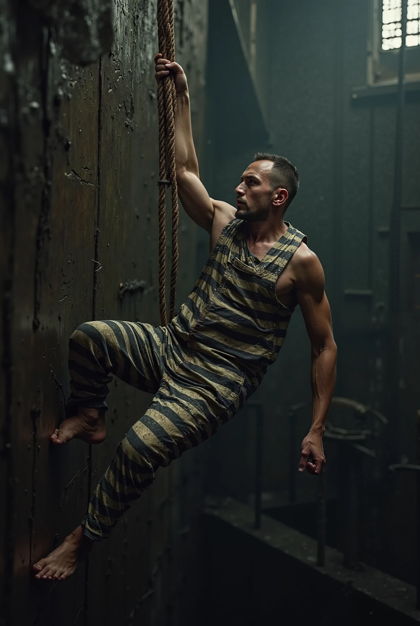 A bruised, sweaty, skinny age boy, in manacles, leg irons and wet soccer kit, wrapped tightly in chains, screams in pain, on a wooden torture rack, in a dark dungeon , under a heat lamp