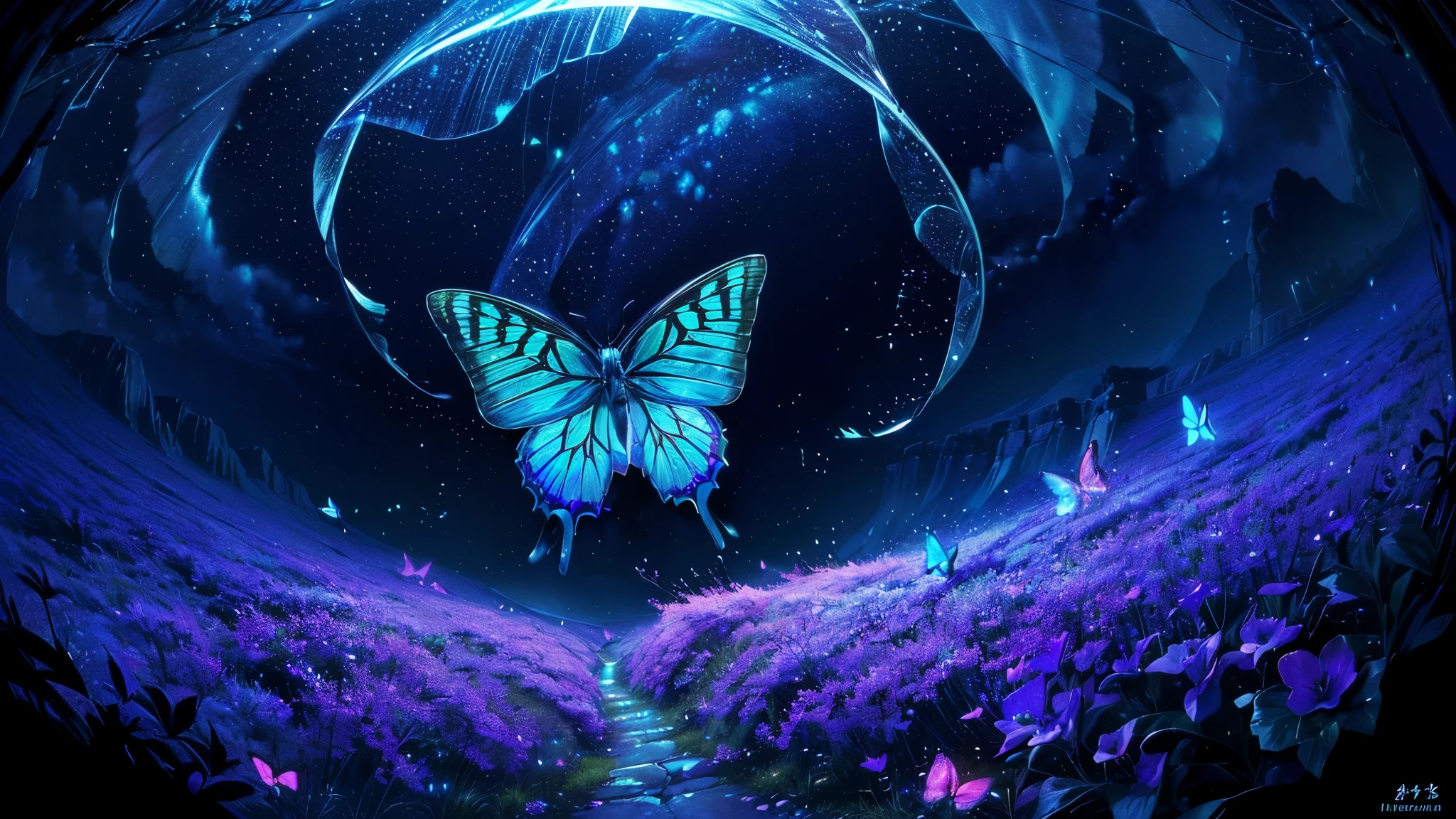 超HD, HD, high quality , Spectacular Scenery ,((息をのむような美しい Milky Way銀河))),(((水の上を飛び回っているコバルトブルーにShineモルフォ蝶の大群)).((morpho butterflies shining like neon signs)), shot with a fisheye lens ,((( mystical atmosphere ))), Beautiful Sunset , Majestic Atmosphere, Milky Way, star, star屑,   Milky Way, 流star, (((There are no humans))), Beautiful Sunset , Bioluminescent flowers and trees at the bottom of the valley々Covered in, ((Mountain々Countless firefly lights shining on)),Shine,   Majestic Atmosphere, Depth, Superb view from above ,  silence, Awe, hope, Romance,   timelapse,  Astrophotography,beautiful