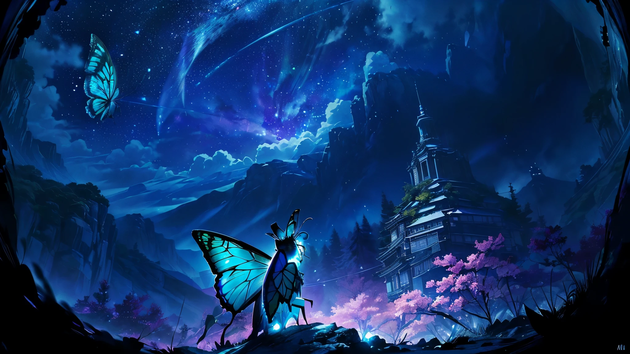 超HD, HD, high quality , Spectacular Scenery ,((息をのむような美しい Milky Way銀河))),(((水の上を飛び回っているコバルトブルーにShineモルフォ蝶の大群)).((morpho butterflies shining like neon signs)), shot with a fisheye lens ,((( mystical atmosphere ))), Beautiful Sunset , Majestic Atmosphere, Milky Way, star, star屑, Milky Way, 流star, (((There are no humans))), Beautiful Sunset , Bioluminescent flowers and trees at the bottom of the valley々Covered in, ((Mountain々Countless firefly lights shining on)),Shine, Majestic Atmosphere, Depth, Superb view from above , silence, Awe, hope, Romance, timelapse, Astrophotography,beautiful