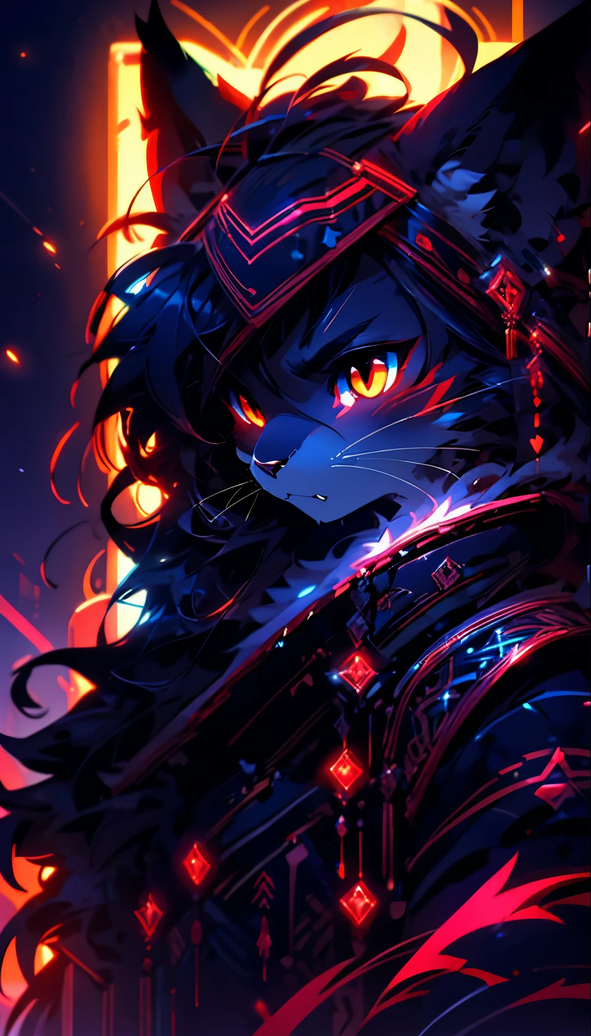 (kemono, furry anthro)
, Solo, Blush, High Details, Masterpiece, 
Illustration, Cinematic, Digital Art, shadow, light cinematic, full hd, neon, colorful, colorful lighting, fantasy elements, graceful movements,fantasy, black hair,  long hair, Solo,  midnight, lunar snow, white skin, Captain's set , vampire, fangs, Streaked Hair ,hair wolf, rage, shadow face , hidden eyes with over shadow,  anger veim, serious, 