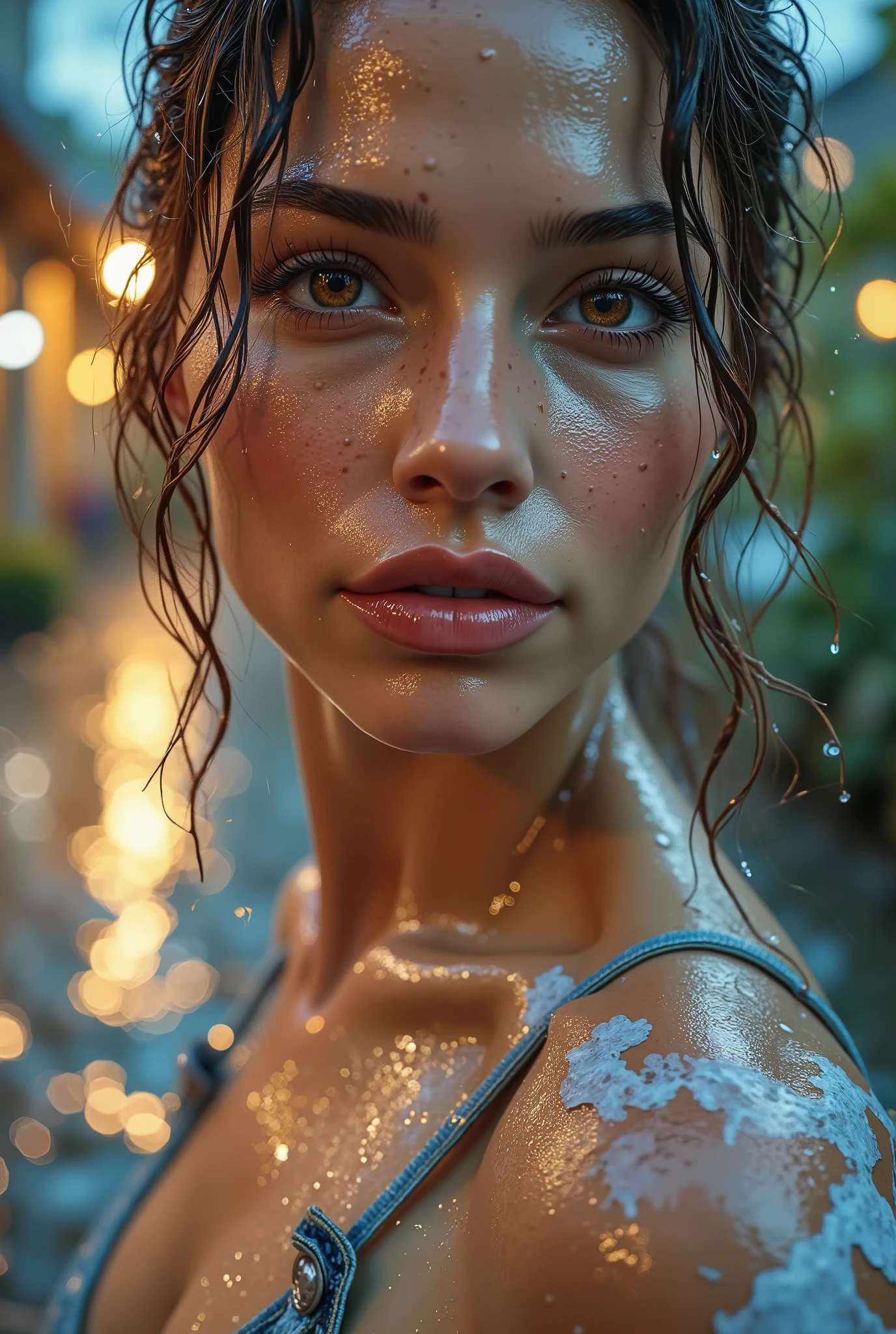  [Style: "masterpiece, realistic, Photorealistic realism, Hyper high resolution" - "(Hyper quality, intricate ultra-detailed digital art)"](Key Directive: "Ultra-sharp human eyes with biological accuracy"){ Character: "20-year-old Caucasian woman" | Face: - "wet, rain drops, running water, wet skin (subsurface scattering: 1.3), full lips (vertical lip wrinkles:0.7)" - "Eyes: (acid-resistant terminology) (macro-details:1.6): Moist corneal surface (visible aqueous layer:1.0) (Hyper-detailed iris, super sharp clarity ((brown)) with gold flecks) Precise limbal ring (slightly darker pigmentation:1.5) ((Pupil micro-texture (irregular edge authenticity:1.5)))" | Technical Specs: (Optics: - "Zeiss Otus85mm f/1.4 lens)" - "Shutter Speed:1/500 (freeze eye micro-movements)") (Post-Processing: "Selective sharpening: (eyes200%, hair80%") - "Denoise: luminance 80, color 40 (retain corneal specular)") | [Hair: "((blue, hair straightened by rain, very wet)), down to the neck (wet heavy rain, soaked, dripping with water, creating light reflections: 0.9)]" | Pose: "dynamic walking stance, hips slightly tilted'' Outfit: [Top: "hot micro bikini (holographic, extremely detailed)"] [Bottom: "short denim shorts ((tight, smooth))"] Environment: "dark rain clouds in the sky, dripping heavy rain (in the evening)" - "((park alley in rainy weather (She is all wet, everything is wet and slippery from the pouring rain, water is running down her body and her hair is very wet:1.4)))" | Lighting: - "(Cinematic clarity and glowing street lights)" - "(Rim light from streetl ights:0.9)" "Specifications: (DPF: "deep, f/1.8, distinct garden in the background") (Post-production: "chromatic aberration: 0.8") (Rendering engine: "Unreal Engine 5 path tracing, 16K texture maps") }