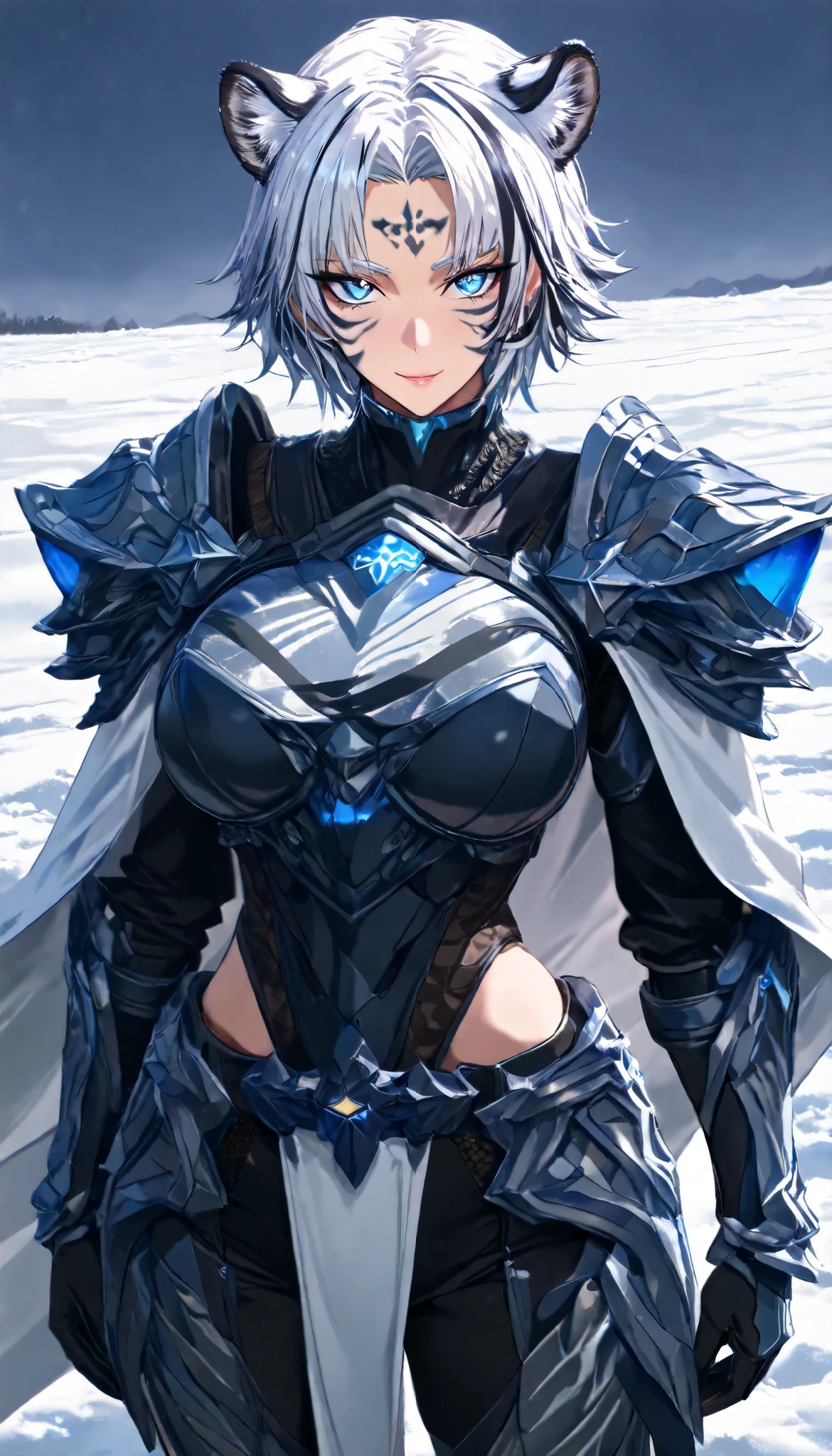 A Tiger Female ,Perfect body,Oppai (Black and White hair,short hair, streaked hair),White Tiger Metal Forehead protection helmet, Blue tiger eyes, Wearing A White Tiger pattern Heavy Armor with White tiger characteristics(Black stripes), White cape,Torogao, seductive smile, In A Snowfield, Snowy weather, Snow,UHD, SOLO, anatomically correct, masterpiece, textured skin, high details, highres, 1080P, 16k, accurate, Beautiful face, Perfect face, Highly detailed beautiful face and eyes, Attractive face, Detailed face, Delicate facial features, Detailed skin,Cowboy shot