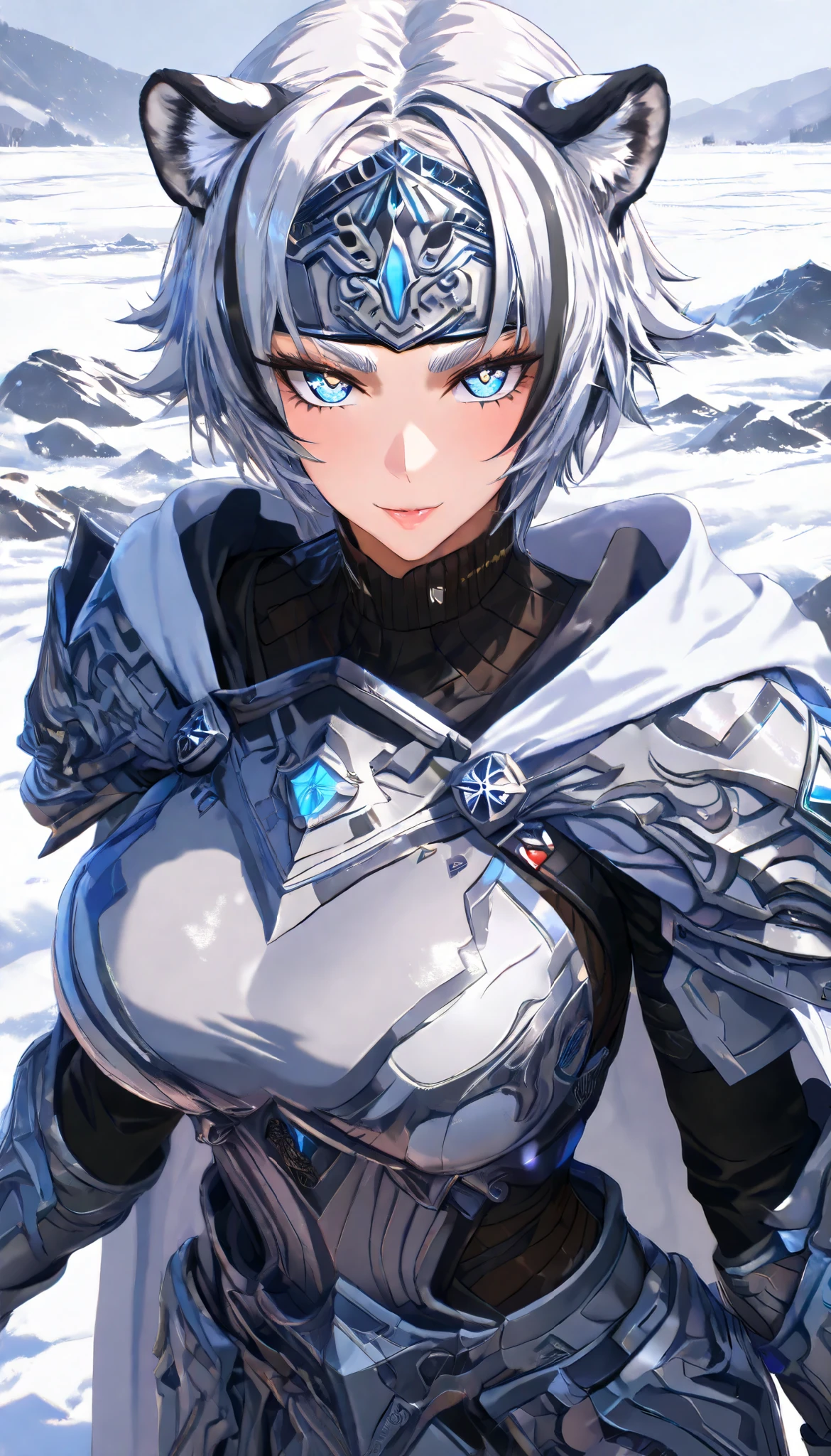 A Tiger Female ,Perfect body,Oppai (Black and White hair,short hair, streaked hair),White Tiger Metal Forehead Protector, Blue tiger eyes, Wearing A White Heavy Armor with White tiger characteristics(Black stripes), White cape,Torogao, seductive smile, In A Snowfield, Snowy weather, Snow,UHD, SOLO, anatomically correct, masterpiece, textured skin, high details, highres, 1080P, 16k, accurate, Beautiful face, Perfect face, Highly detailed beautiful face and eyes, Attractive face, Detailed face, Delicate facial features, Detailed skin,Cowboy shot