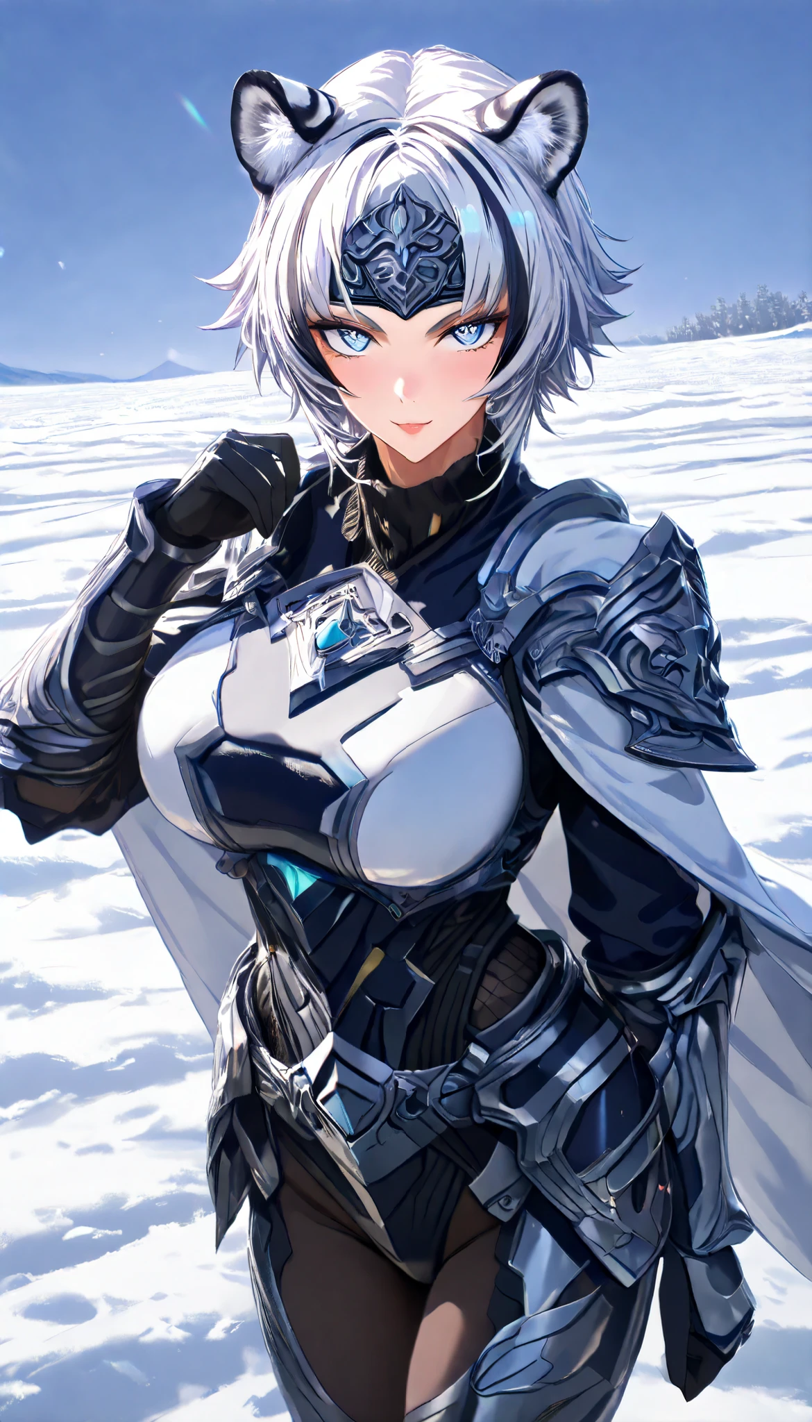 A Tiger Female ,Perfect body,Oppai (Black and White hair,short hair, streaked hair),White Tiger Metal Forehead Protector, Blue tiger eyes, Wearing A White Heavy Armor with White tiger characteristics(Black stripes), White cape,Torogao, seductive smile, In A Snowfield, Snowy weather, Snow,UHD, SOLO, anatomically correct, masterpiece, textured skin, high details, highres, 1080P, 16k, accurate, Beautiful face, Perfect face, Highly detailed beautiful face and eyes, Attractive face, Detailed face, Delicate facial features, Detailed skin,Cowboy shot