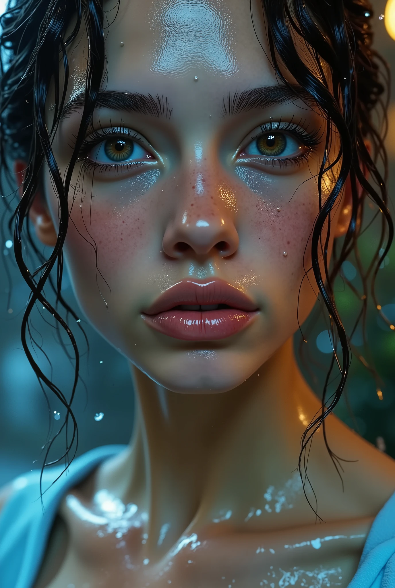  [Style: "masterpiece, realistic, Photorealistic realism, Hyper high resolution" - "(Hyper quality, intricate ultra-detailed digital art)"](Key Directive: "Ultra-sharp human eyes with biological accuracy"){ Character: "20-year-old Caucasian woman" | Face: - "wet, rain drops, running water, pale skin (subsurface scattering: 1.3), full lips (vertical lip wrinkles:0.7)" - "Eyes: (acid-resistant terminology) (macro-details:1.6): Moist corneal surface (visible aqueous layer:1.0) (Hyper-detailed iris, super sharp clarity ((brown)) with gold flecks) Precise limbal ring (slightly darker pigmentation:1.5) ((Pupil micro-texture (irregular edge authenticity:1.5)))" | Technical Specs: (Optics: - "Zeiss Otus85mm f/1.4 lens)" - "Shutter Speed:1/500 (freeze eye micro-movements)") (Post-Processing: "Selective sharpening: (eyes200%, hair80%") - "Denoise: luminance 80, color 40 (retain corneal specular)") | Hair: "blue, curly, neck-length (wet heavy rain, soaked, dripping with water, creating light reflections: 0.5)" | Pose: "front stance ((put your hands on your lower chest:1.2) (no bra))'' Outfit: [Top: "((place your hands on your lower chest (no bra)))"] [Bottom: "short denim shorts ((tight, smooth))"] Environment: "dark rain clouds in the sky (evening time)" - "park alley in rainy weather (((She is all wet, everything is wet and slippery from the pouring rain, water is running down her body and her hair is very wet:1.3))" | Lighting: - "(Cinematic clarity and glowing street lights)" - "(Rim light from streetlamps:0.8)" "Specifications: (DPF: "deep, f/1.8, distinct garden in the background") (Post-production: "chromatic aberration: 0.7") (Rendering engine: "Unreal Engine 5 path tracing, 16K texture maps") }