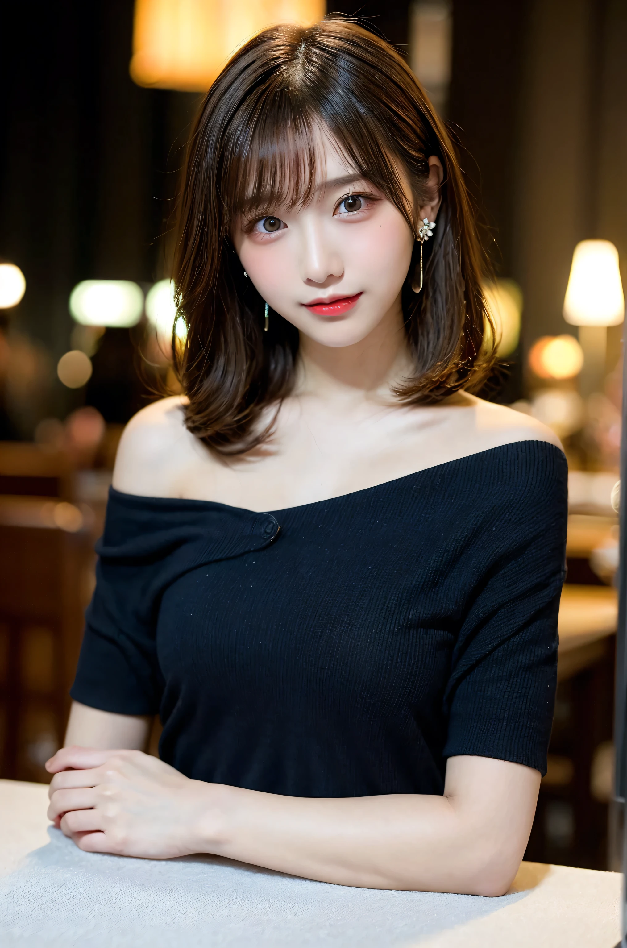 table top, highest quality, shape, Super detailed, finely, High resolution, 8k wallpaper, 完璧なダイナミックな構shape, beautiful and detailed eyes, straight hair, small breasts, natural color lip, random sexy pose,smile,20 year old girl、midnight、beautiful and detailed face、perfect and beautiful face,Big eyes、RAW photo、Expressing feminine poses with your whole body、beautiful and detailed eyes、small face、beautiful duplex、slim face and style,black off shoulder dress、beautiful golden ratio face,twin ponytail hair,bright look,Photographed focusing on beautiful legs、sunset