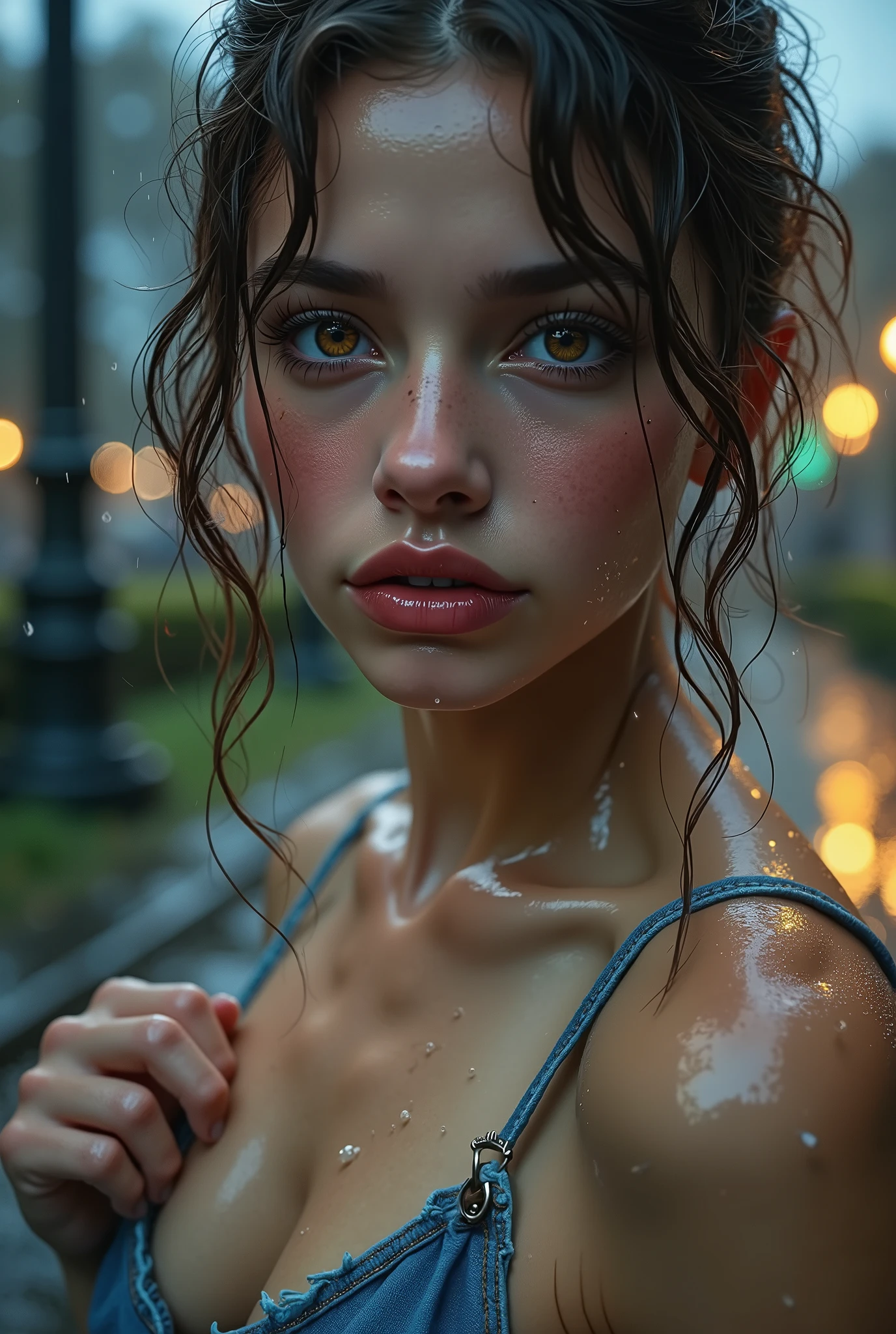  [Style: "masterpiece, realistic, Photorealistic realism, Hyper high resolution" - "(Hyper quality, intricate ultra-detailed digital art)"](Key Directive: "Ultra-sharp human eyes with biological accuracy"){ Character: "20-year-old Caucasian woman" | Face: - "wet, rain drops, running water, pale skin (subsurface scattering: 1.3), full lips (vertical lip wrinkles:0.7)" - "Eyes: (acid-resistant terminology) (macro-details:1.6): Moist corneal surface (visible aqueous layer:1.0) (Hyper-detailed iris, super sharp clarity ((brown)) with gold flecks) Precise limbal ring (slightly darker pigmentation:1.5) ((Pupil micro-texture (irregular edge authenticity:1.5)))" | Technical Specs: (Optics: - "Zeiss Otus85mm f/1.4 lens)" - "Shutter Speed:1/500 (freeze eye micro-movements)") (Post-Processing: "Selective sharpening: (eyes200%, hair80%") - "Denoise: luminance 80, color 40 (retain corneal specular)") | Hair: "blue, curly, neck-length (wet from rain, soaked, dripping with water, creating light reflections: 0.5)" | Pose: "front stance ((put your hands on your lower chest:1.2) (no bra))'' Outfit: [Top: "((place your hands on your lower chest (no bra)))"] [Bottom: "short denim shorts ((tight, smooth))"] Environment: "dark rain clouds in the sky (evening time)" - "park alley in rainy weather (((She is all wet, everything is wet and slippery from the falling rain, running down her wet hair, puddles after the rain))" | Lighting: - "(Cinematic clarity and glowing street lights)" - "(Rim light from streetlamps:0.8)" "Specifications: (DPF: "deep, f/1.8, distinct garden in the background") (Post-production: "chromatic aberration: 0.7") (Rendering engine: "Unreal Engine 5 path tracing, 16K texture maps") }