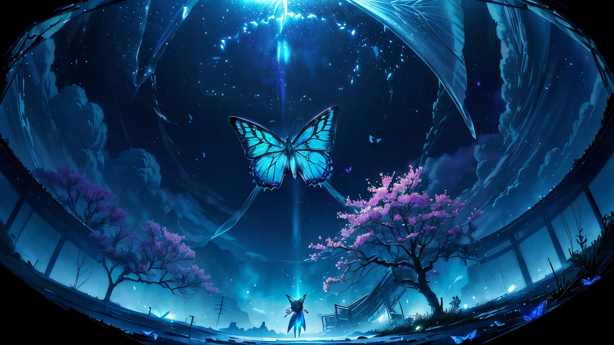 超HD, HD, high quality , Spectacular Scenery ,((息をのむような美しい Milky Way銀河))),(((水の上を飛び回っているコバルトブルーにShineモルフォ蝶の大群)).((morpho butterflies shining like neon signs)), shot with a fisheye lens ,((( mystical atmosphere ))), Beautiful Sunset , Majestic Atmosphere, Milky Way, star, star屑, Milky Way, 流star, (((There are no humans))), Beautiful Sunset , Bioluminescent flowers and trees at the bottom of the valley々Covered in, ((Mountain々Countless firefly lights shining on)),Shine, Majestic Atmosphere, Depth, Superb view from above , silence, Awe, hope, Romance, timelapse, Astrophotography,beautiful