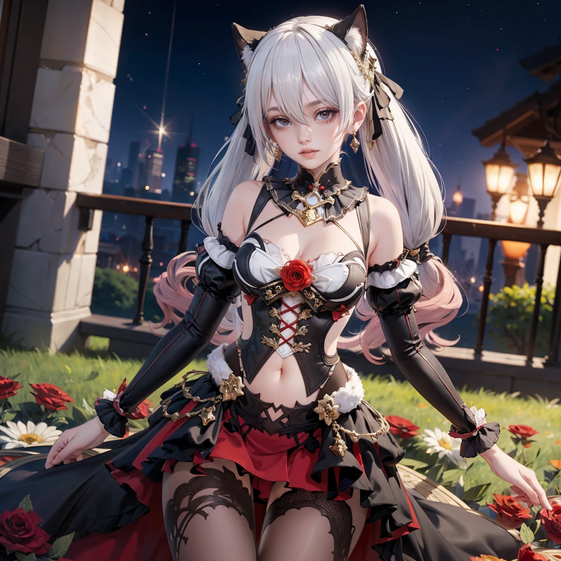 A woman wearing a black dress, long silver hair, red bangs, yellow eyes, horns, in a garden of a German house, autumn weather, big breast, smiling.