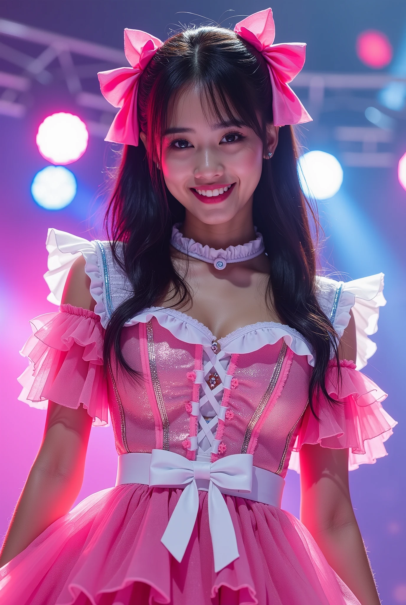 Create a highly detailed, realistic image of a young woman with long, dark hair styled with two small pink bows on either side. She is wearing a vibrant and transparent shinning glossy pink short dress that has a layered, frilly design with white ruffled edges on the sleeves and neckline. The dress has intricate lace-up details on the front, with white ribbons crisscrossing over the bodice. A large, white bow is tied around her waist, and the skirt is layered with multiple ruffles, alternating between white and pink frills. The upper part of the dress has a mix of white and blue accents, especially around the shoulders, giving it a lively, idol-like appearance. The girl’s expression is cheerful and playful, with a radiant smile, captured both in performance and posing with a slightly pensive look. Ensure that her outfit appears shiny and glossy, reflecting stage lights, and incorporate a vivid, performance-like atmosphere in the background. Some Lights shooting around, she hold microphone, head thighs portrait,