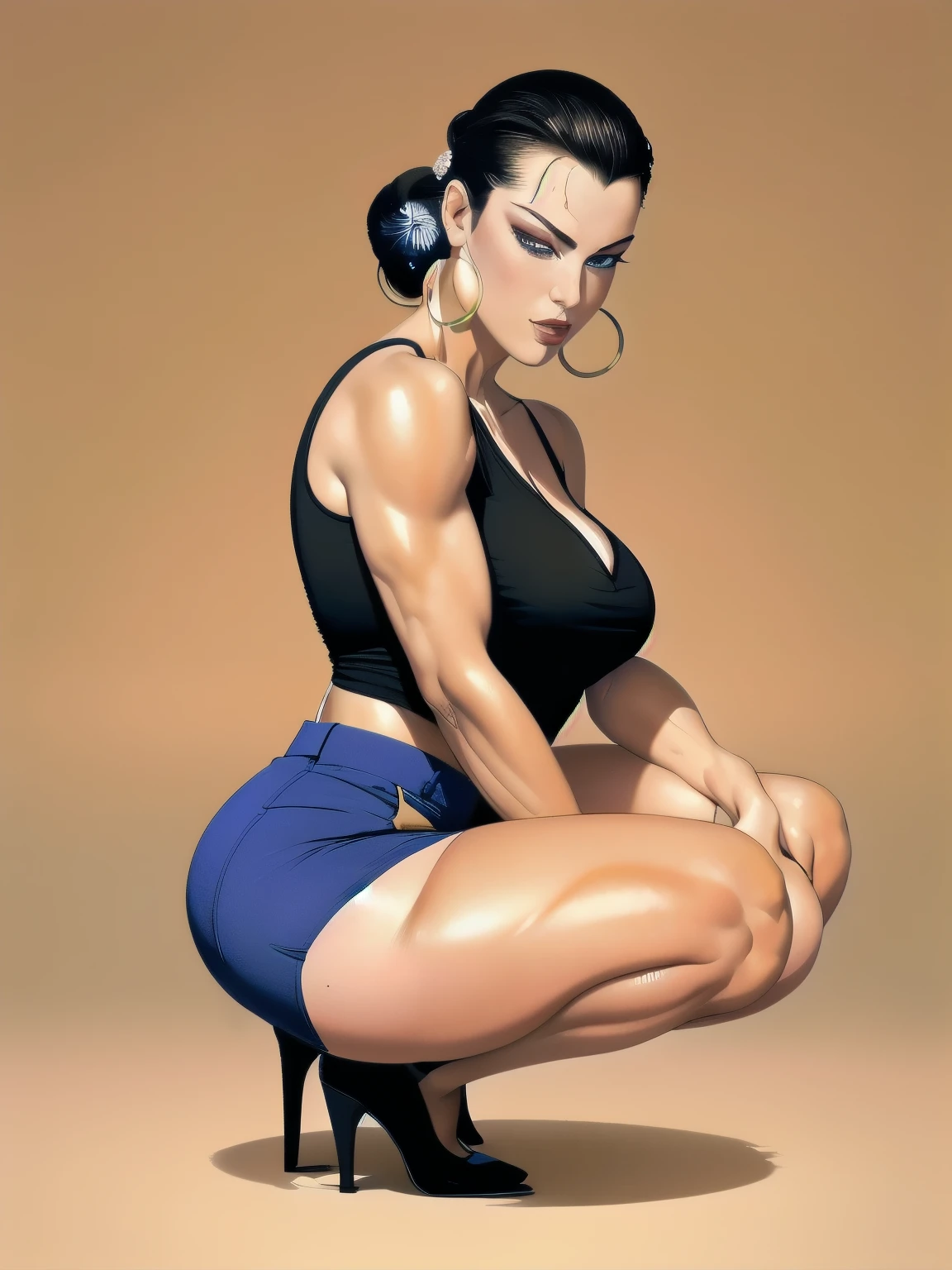 ((masterpiece, Best Quality)), HD ,[[[[ intricate details ]]]],Movie,Realistically ,  Best Quality,masterpiece,Firefly,(Realistically :1.4)，( Sexy Mom Wearing Ultra Short Mini Skirt:1.5)，braid，(Well-developed thigh and calf muscles)，Oily body， Wear Orange Heels ，(All thighs up to )，smell，Face，，(Half squatting on the ground， thigh muscles squeezed together :1.2)，(Various Squat Designs ， Better Show Thigh Muscles :1.4)，(((wet thighs)))