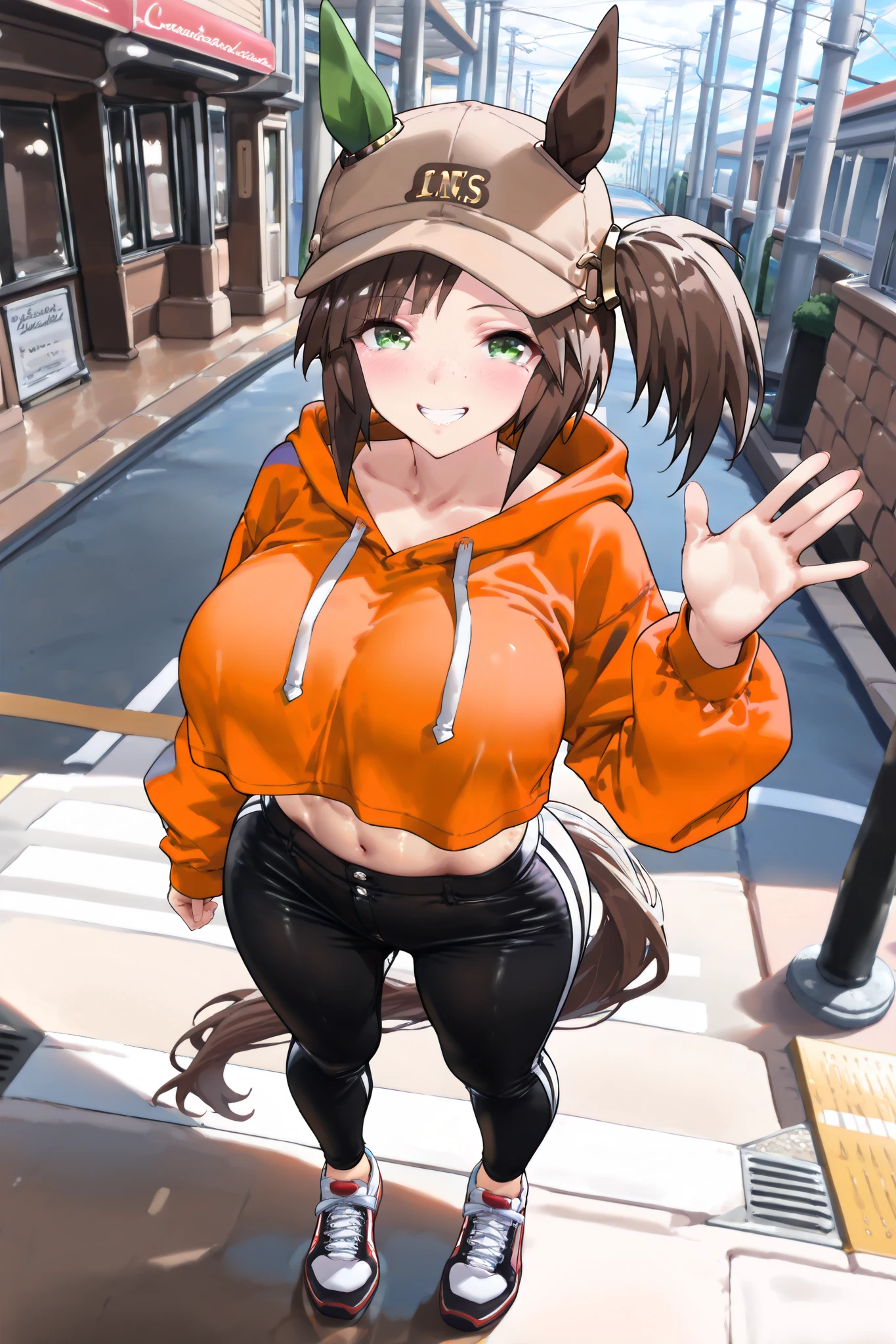 Anime girl in orange jacket and black pants standing on street corner ...