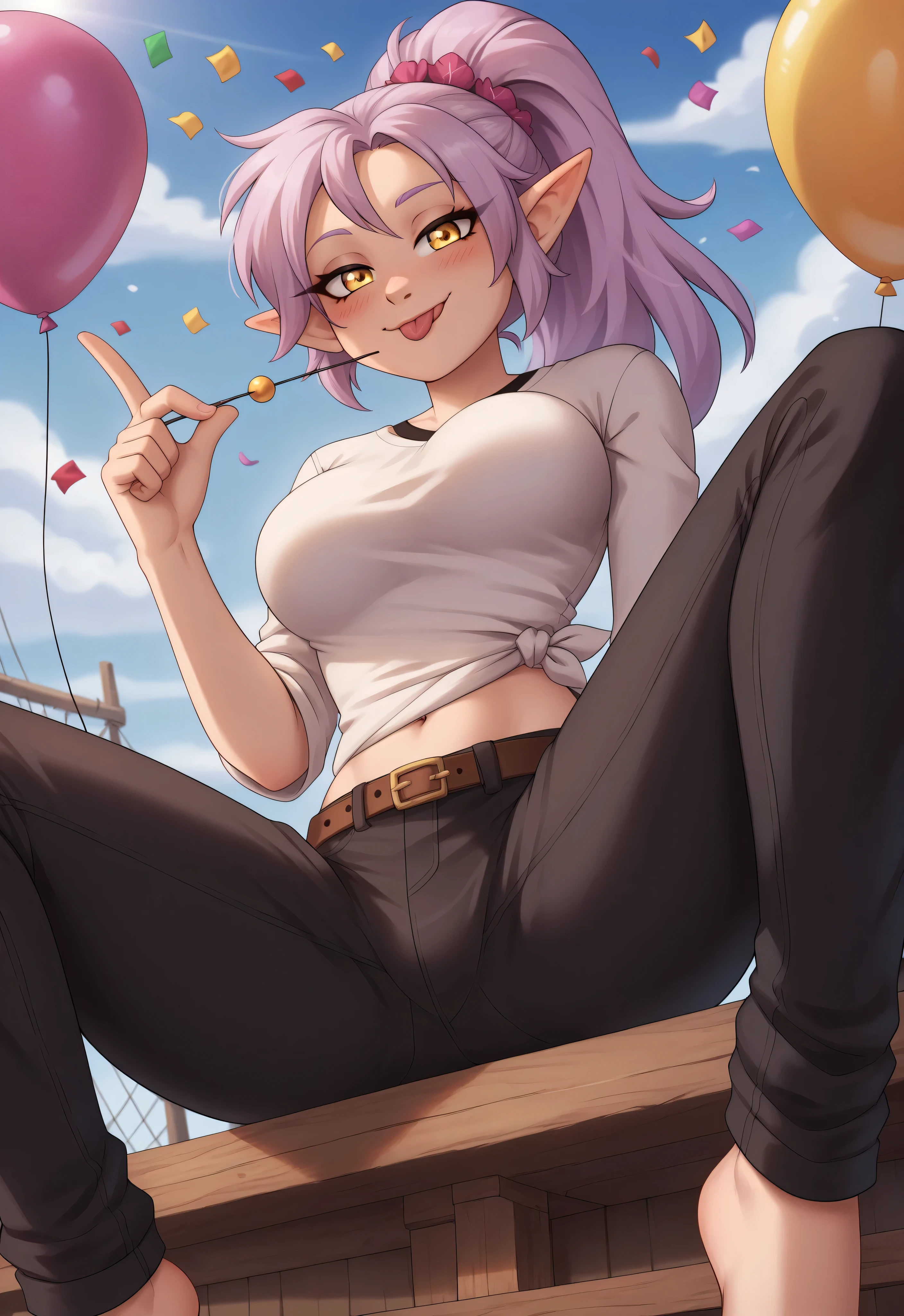 (4K HD Quality), score_9_up, score_8_up, score_6_up, anthro, solo, 1girl, female, elf, lavender hair, long hair, golden eyes, medium large breasts, 

(Amity_Blight_Season_3_Version), (ponytail_hair_style), 

blush, perfect smile, tongue sticking out, looking at view, 

day, spreading legs, shirt, long pants, sitting, birthday present, balloon, confetti ball, view from below, 