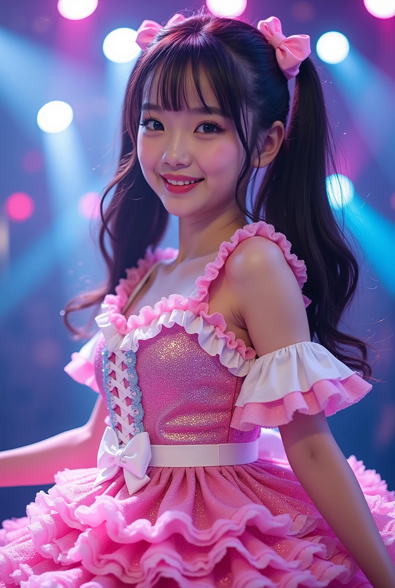 Create a highly detailed, realistic image of a young woman with long, dark hair styled with two small pink bows on either side. She is wearing a vibrant and transparent shinning glossy pink short dress that has a layered, frilly design with white ruffled edges on the sleeves and neckline. The dress has intricate lace-up details on the front, with white ribbons crisscrossing over the bodice. A large, white bow is tied around her waist, and the skirt is layered with multiple ruffles, alternating between white and pink frills. The upper part of the dress has a mix of white and blue accents, especially around the shoulders, giving it a lively, idol-like appearance. The girl’s expression is cheerful and playful, with a radiant smile, captured both in performance and posing with a slightly pensive look. Ensure that her outfit appears shiny and glossy, reflecting stage lights, and incorporate a vivid, performance-like atmosphere in the background. Some Lights shooting around, she hold microphone,  head thighs portrait,