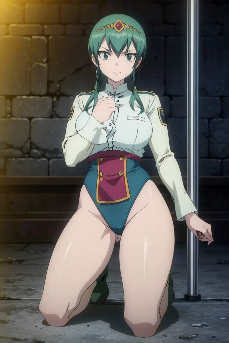 best quality, toph, completely nude, standing, full body, wide hips, crop top, green hoodie, open shirt, choker, anklets, bracelets, choker, barefoot, looking angry, smile