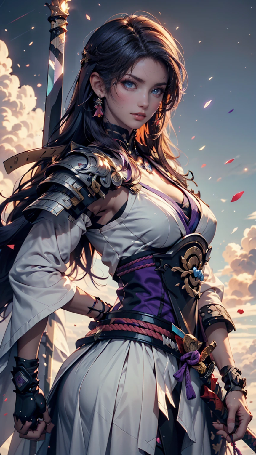 Super beautiful big shining eyes、Photorealistic, High resolution, 1 girl, hips up high, Long hair, Beautiful eyes, normal breast, Raiden General Costume