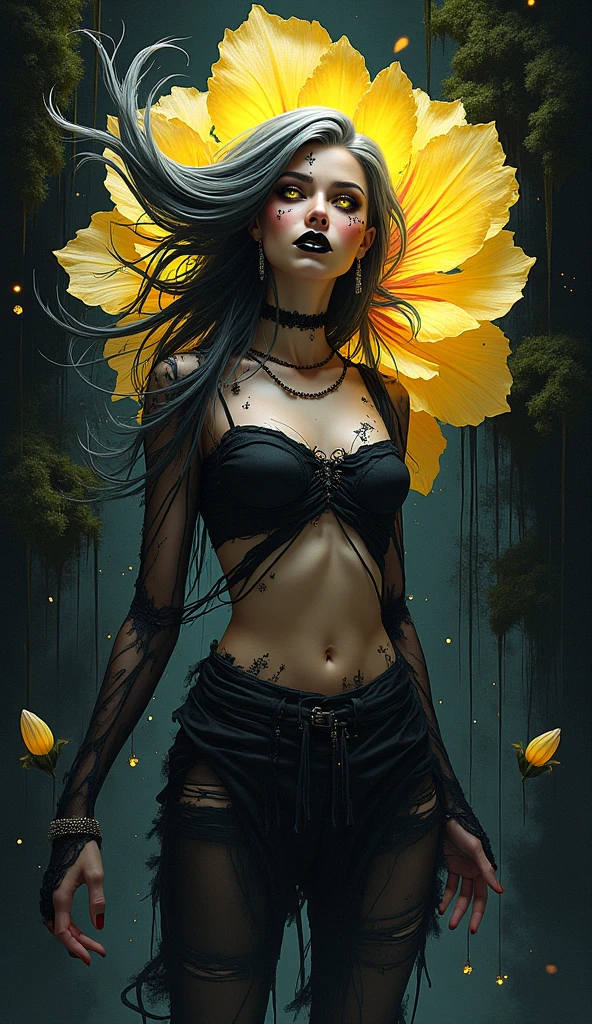green: 1.5, orange: 1.1, white: 1.3, yellow: 1.3, (black woman), sexy, tattoos, (power puffer clothes: 1.2), flowers, leaves, mist, lines, background circles