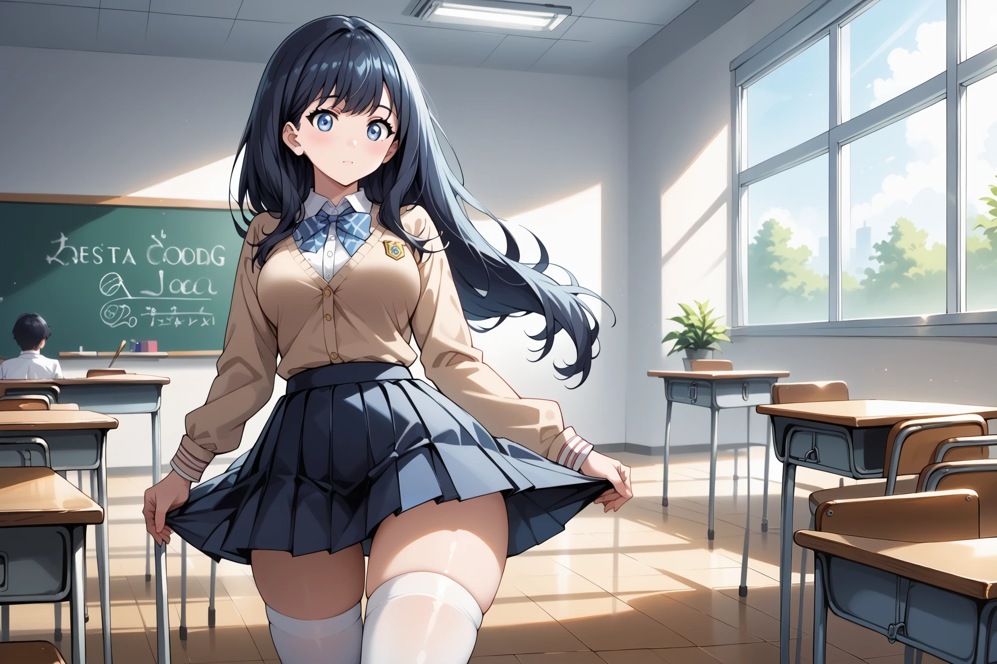 score_9, score_8_up, score_7_up, source_anime, 4K,perfect fingers,(perfect hands, perfect anatomy),prefect lighting, very aesthetic, intricate details,highly detailed background, masterpiece, high quality, best quality,
rikka takarada, black hair, blue eyes, long hair, large breasts,,
wearing ((white thigh Skirt,white thighhighs,)),
standing, (in the crowded classroom:1.4) ,