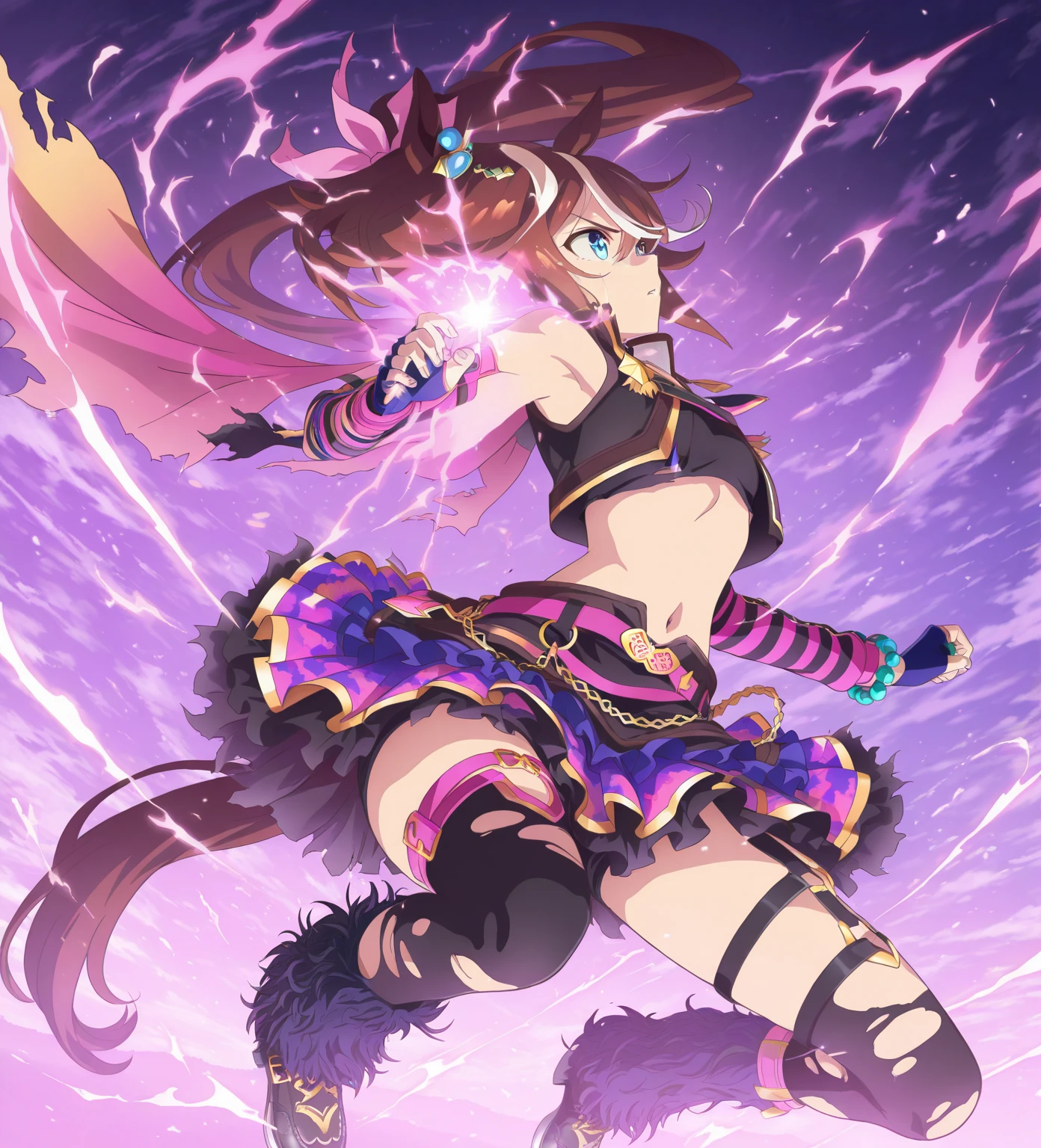 high quality, insanely detailed, beautiful, woman, ninja, delightful, smiling, flying, looking at viewer, long hair, two side up, brown hair, golden eyes, eyes open, tan skin, shiny skin, , slim, shooting a gun in front of her, teenager, japanese, Epic Battle Scene, on the road, at midnight, with a thunderbolt, manga, cowboy shot, on right, dynamic angle, highly saturated colors, high brightness colors、Taimanin Yukikaze、Mizuki Yukikaze、