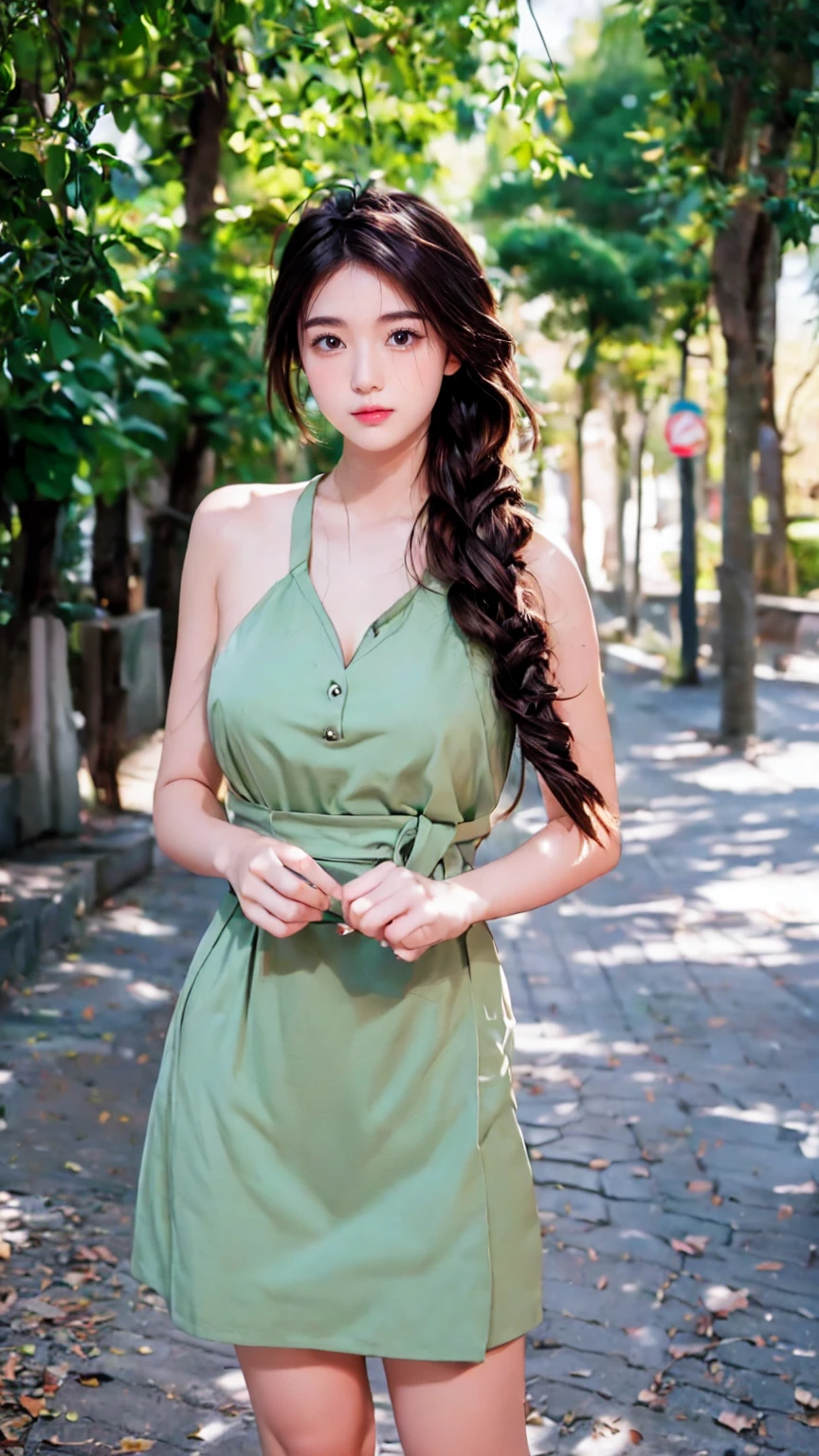 ((standing gracefully with her back to the top of the mountain_with blue sky and white clouds,rays of sunshine:1.2)),read chira、whole body、field, best quality, Realistic, super detailed, down to the last detail, High resolution, 4k wallpaper, Beautiful woman,, lperfect dynamic composition, beautiful and delicate eyes, delicate hair, Round face model body type、mini skirt、drooping eyes,shy smile,in woods,(((abstract green print dress_long sleeve_wrap dress_super mini:1.3)))((No expression:1.3)),((Hair with loose waves inside:1.2)),((Super long brown hair:1.2))((gold necklace_Large earrings:1.2)),((very big big tits_Protruding from clothes_nipple))